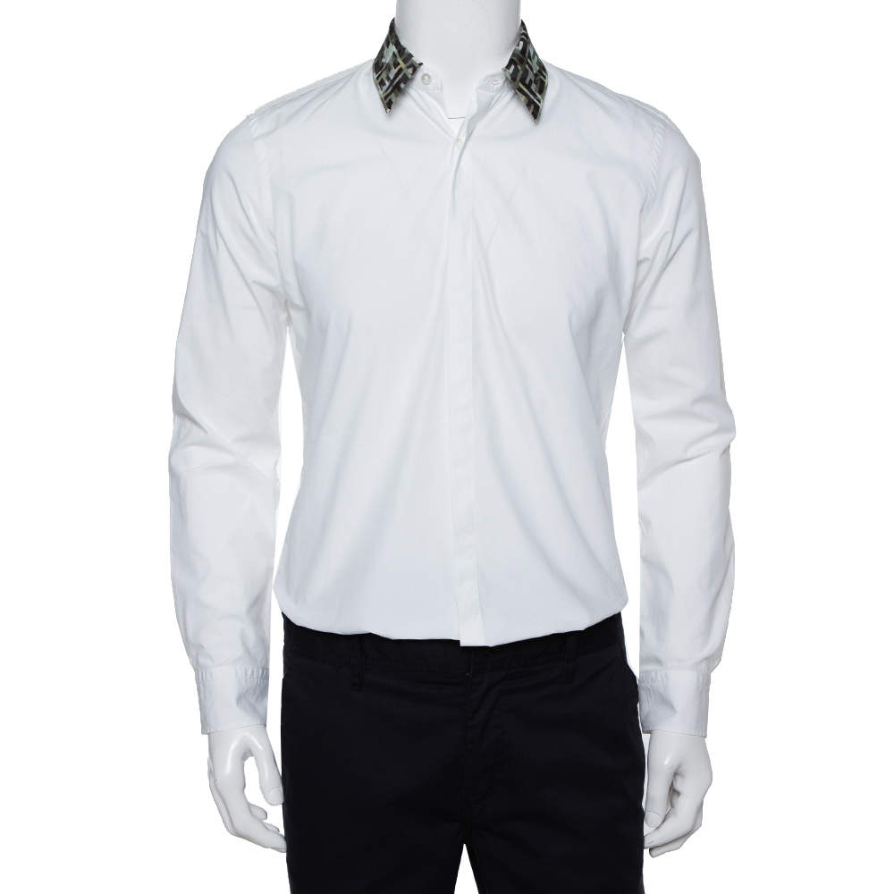 قميص فندي قطن أبيض ياقة نمط مموه أزرار أمامية مقاس صغير - سمول