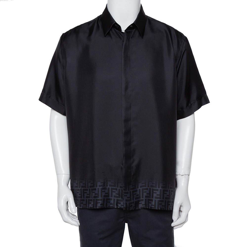 Pre Owned Fendi Black Zucca Gradient Printed Silk Short Sleeve Shirt XL 