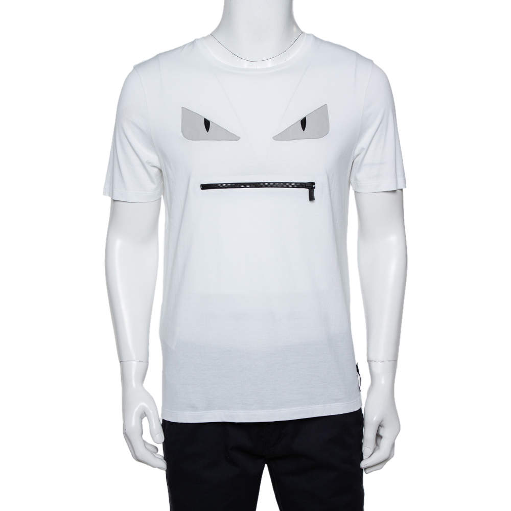 Pre Owned Fendi White Monster Eye Applique Cotton Pocket Bag Detail T-Shirt M