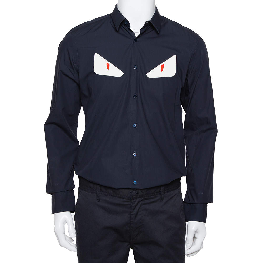 مملوكة مسبقًا Fendi Navy Blue Cotton Monster Eye Applique Detail Button Front Shirt L