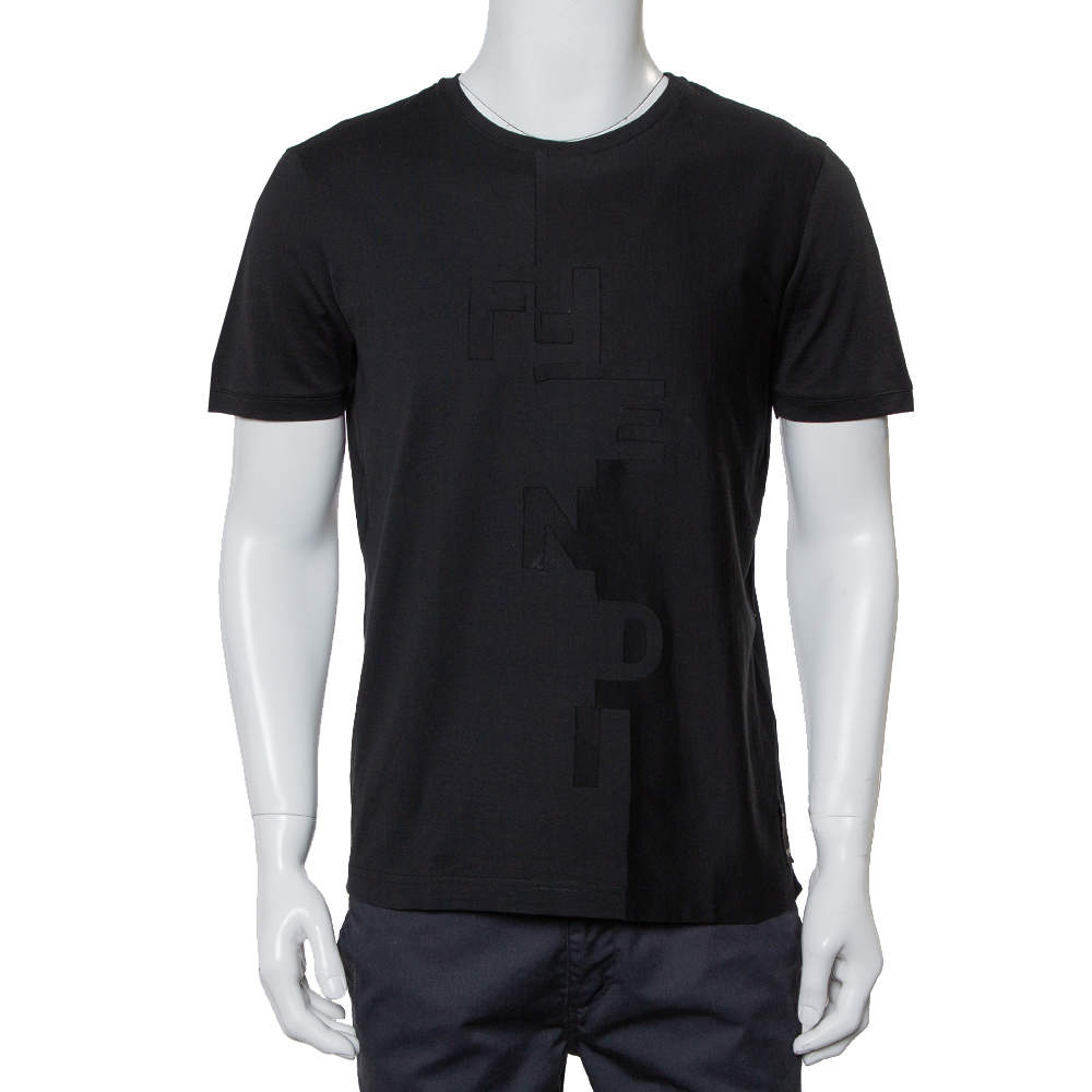 مملوكة مسبقًا Fendi Black Cotton Logo Detail Crewneck T-Shirt M