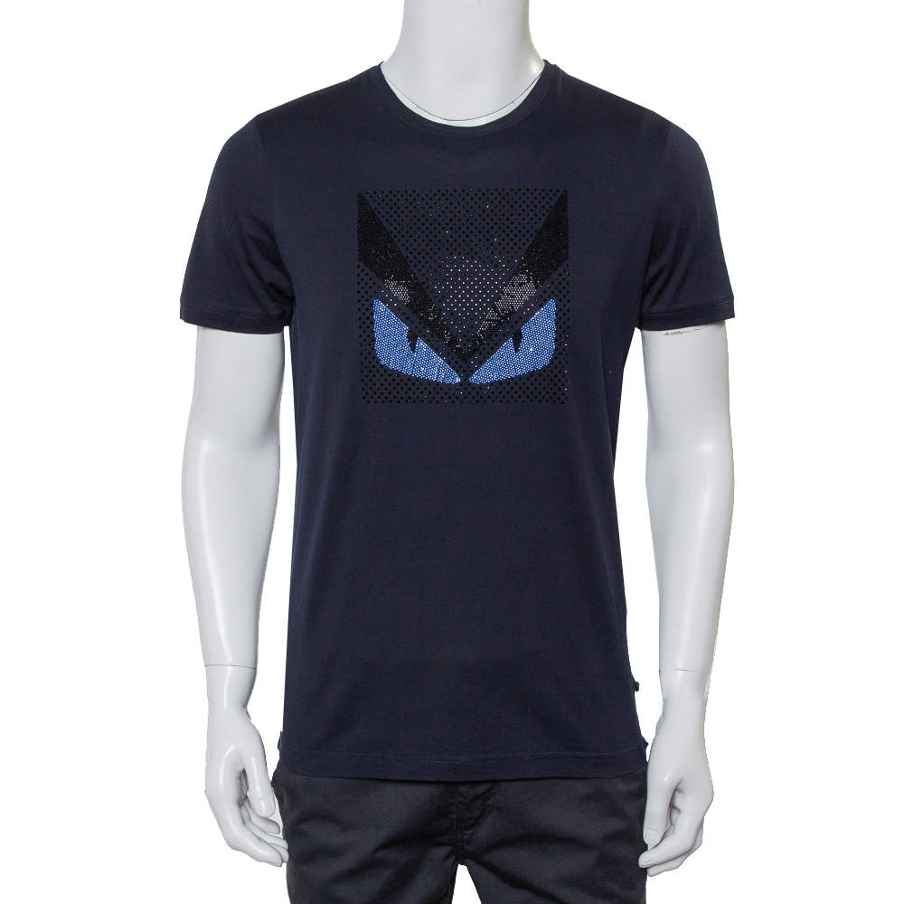 Fendi Navy Blue Cotton Crystal Monster Embellished Crewneck T-Shirt M