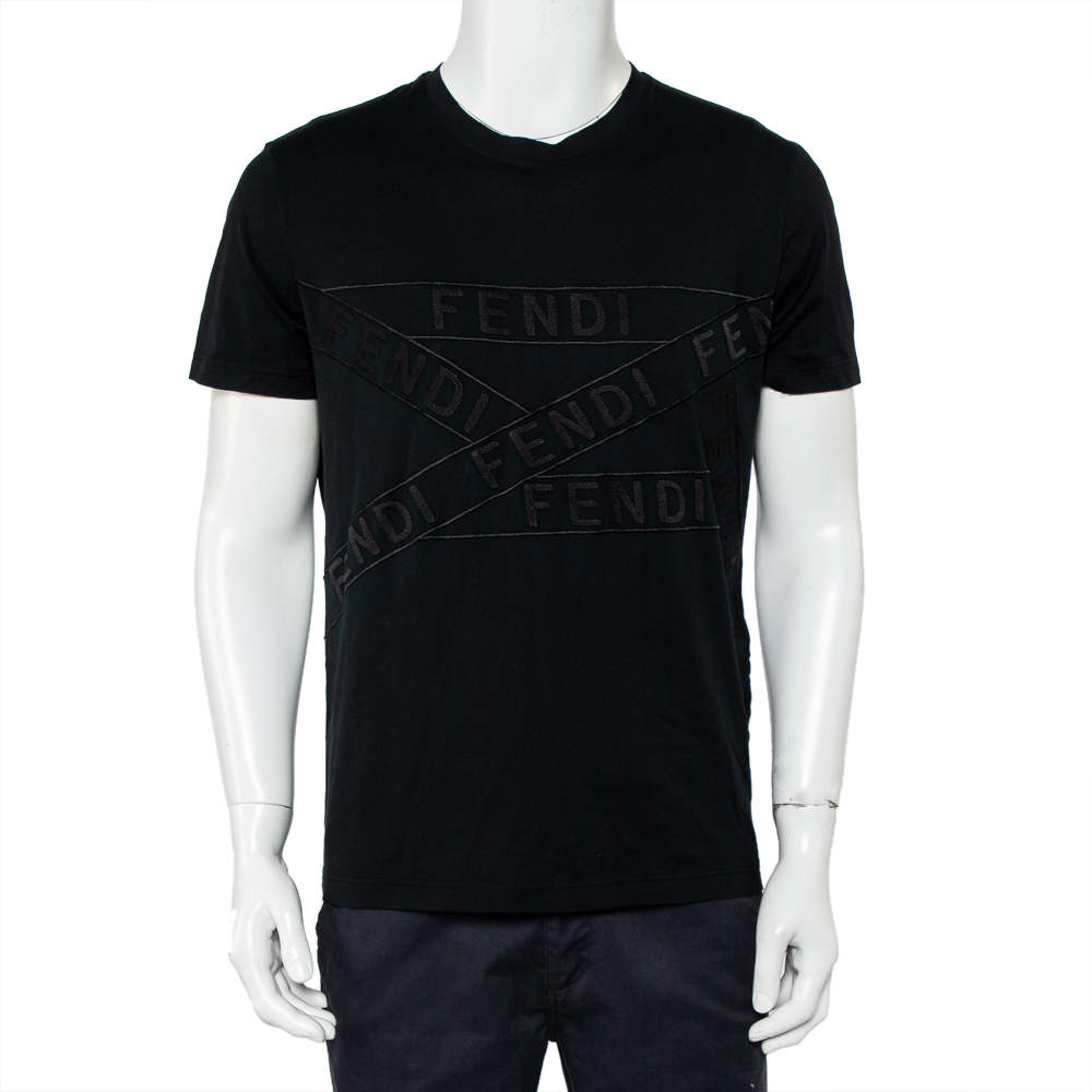 Pre Owned Fendi Black Cotton Logo Detail Crewneck T-Shirt XL