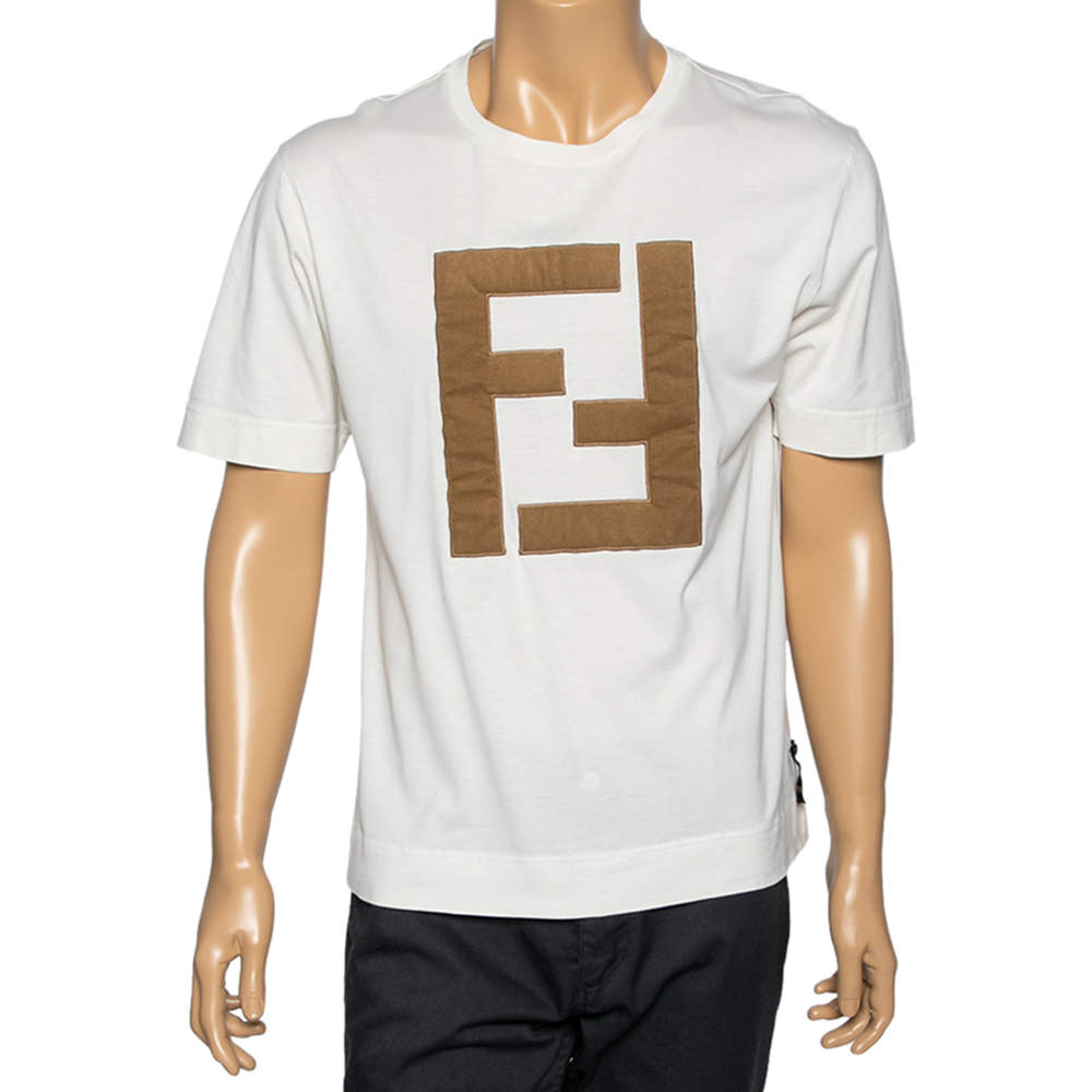 Fendi Off White Cotton Embroidered Logo Appliqued T-Shirt M