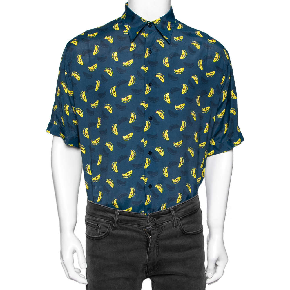 Fendi Blue Synthetic Banana Printed Button Front Bowling Shirt XL