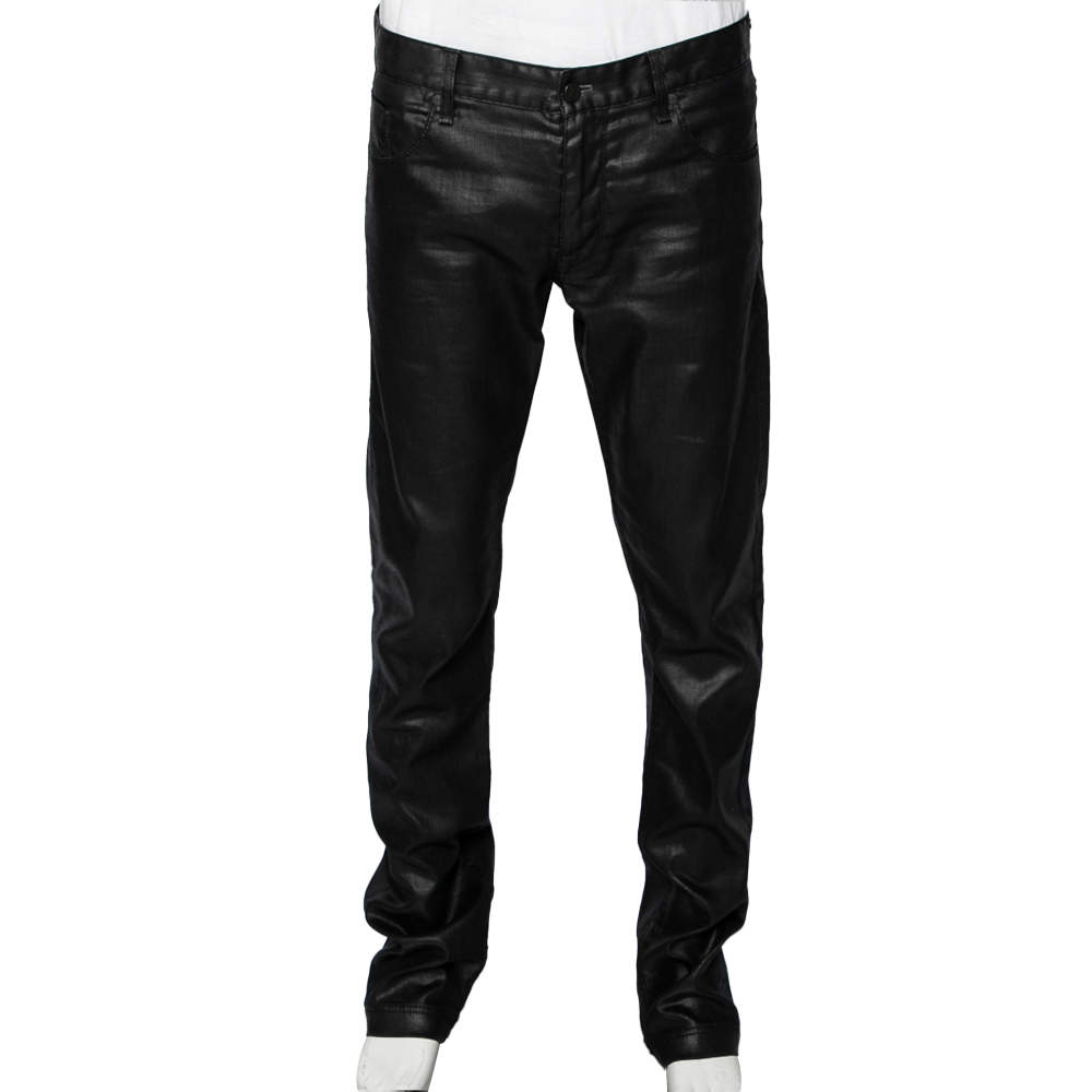 Pre Owned Fendi Black Leather Coated Denim Jeans XL