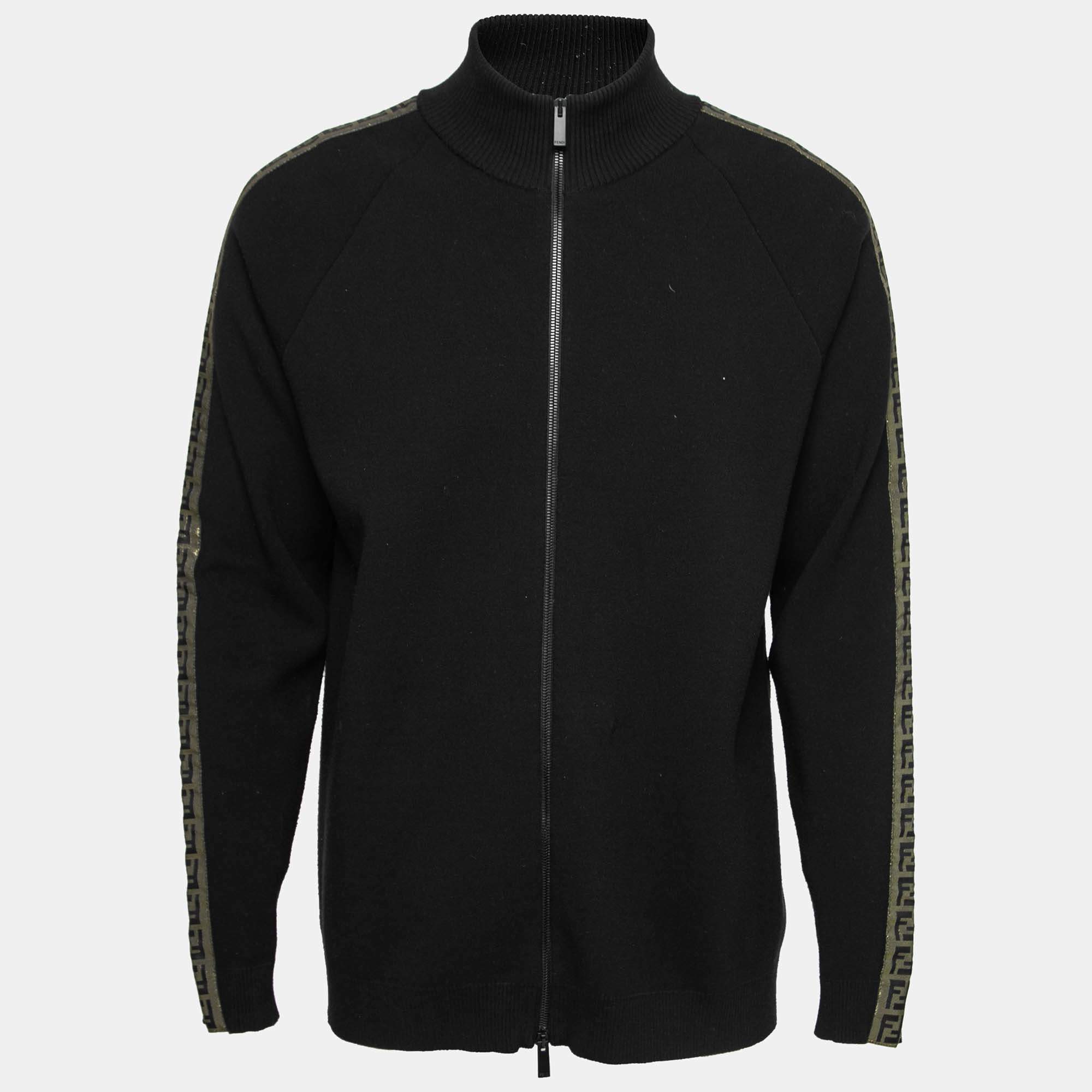 Pre Owned Fendi Black Wool Zucca Trimmed Long Sleeve Zip Front Jacket XXL