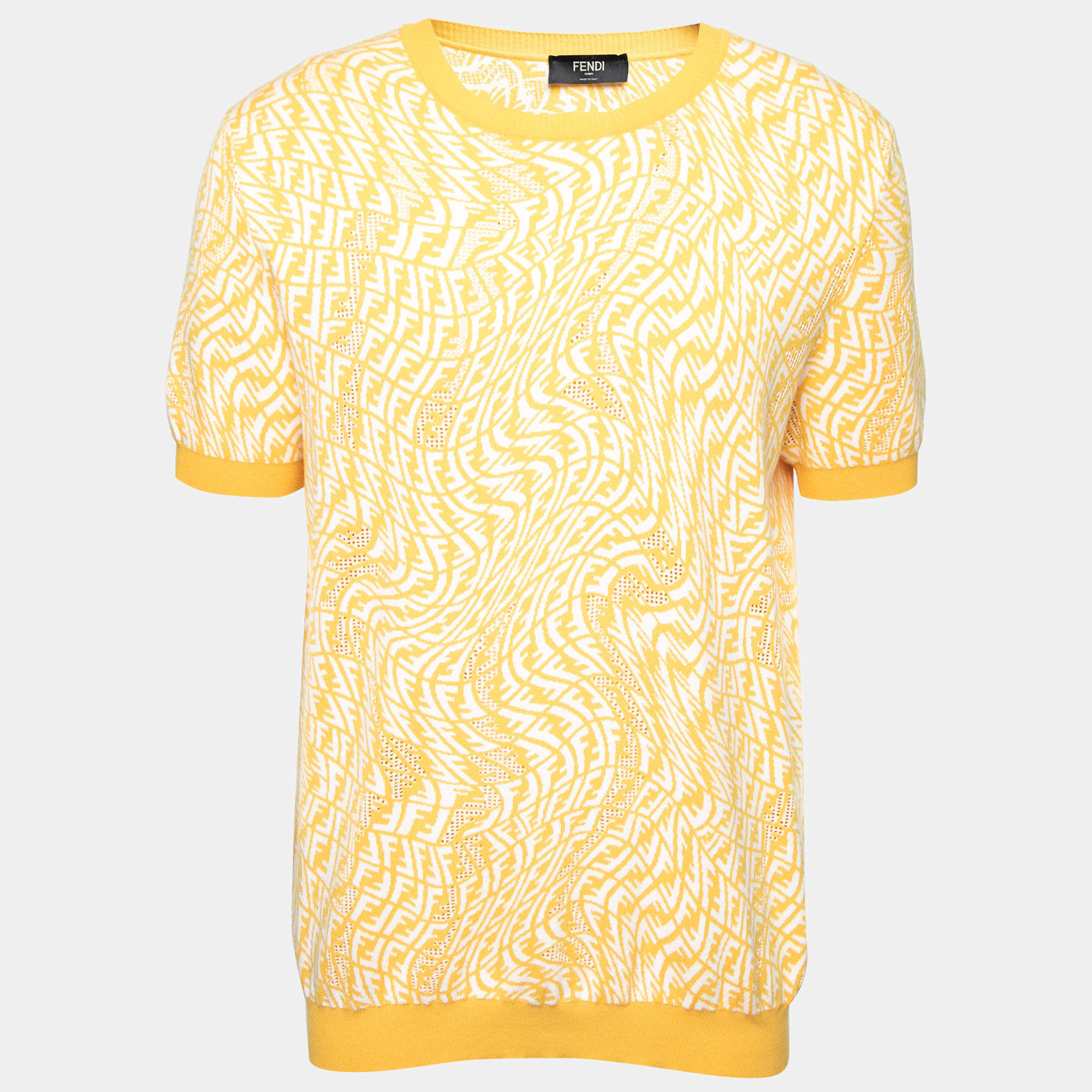 Fendi Yellow FF Vertigo Motif Pointelle Knit Short Sleeve Jumper XXL 