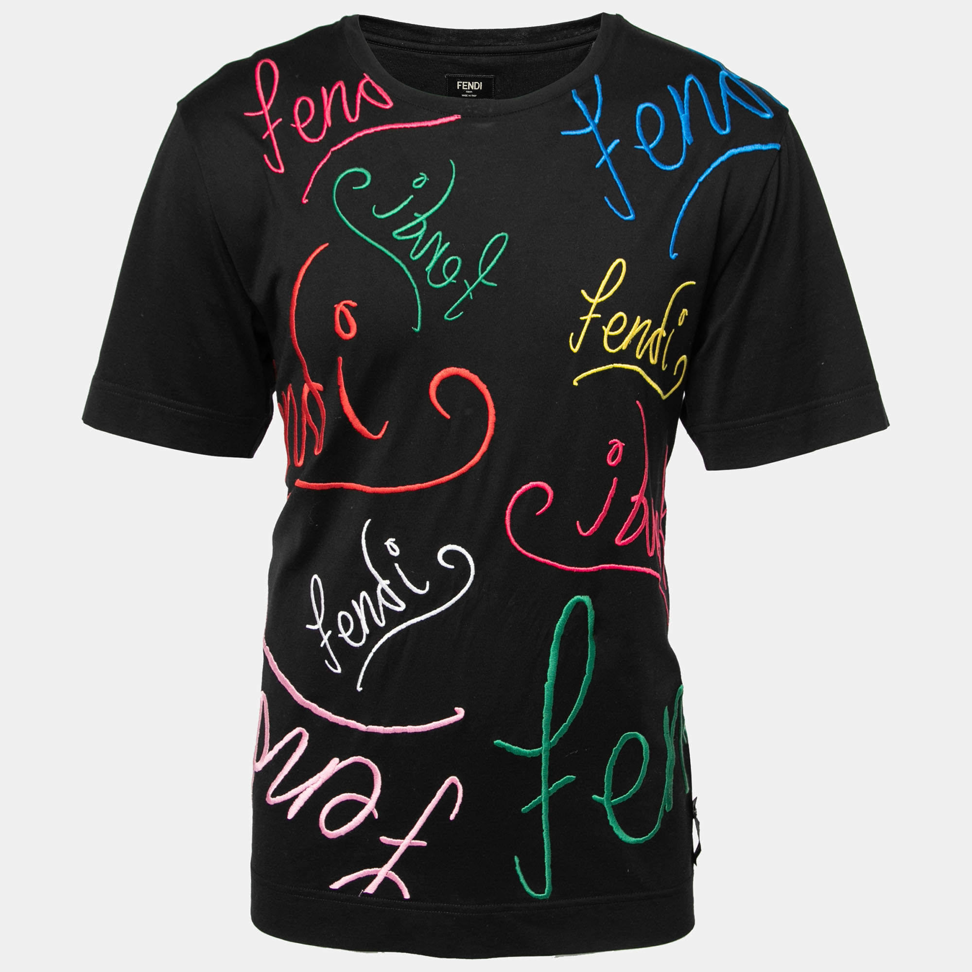 Fendi Black Cotton Logo Embroidered Short Sleeve T-Shirt M