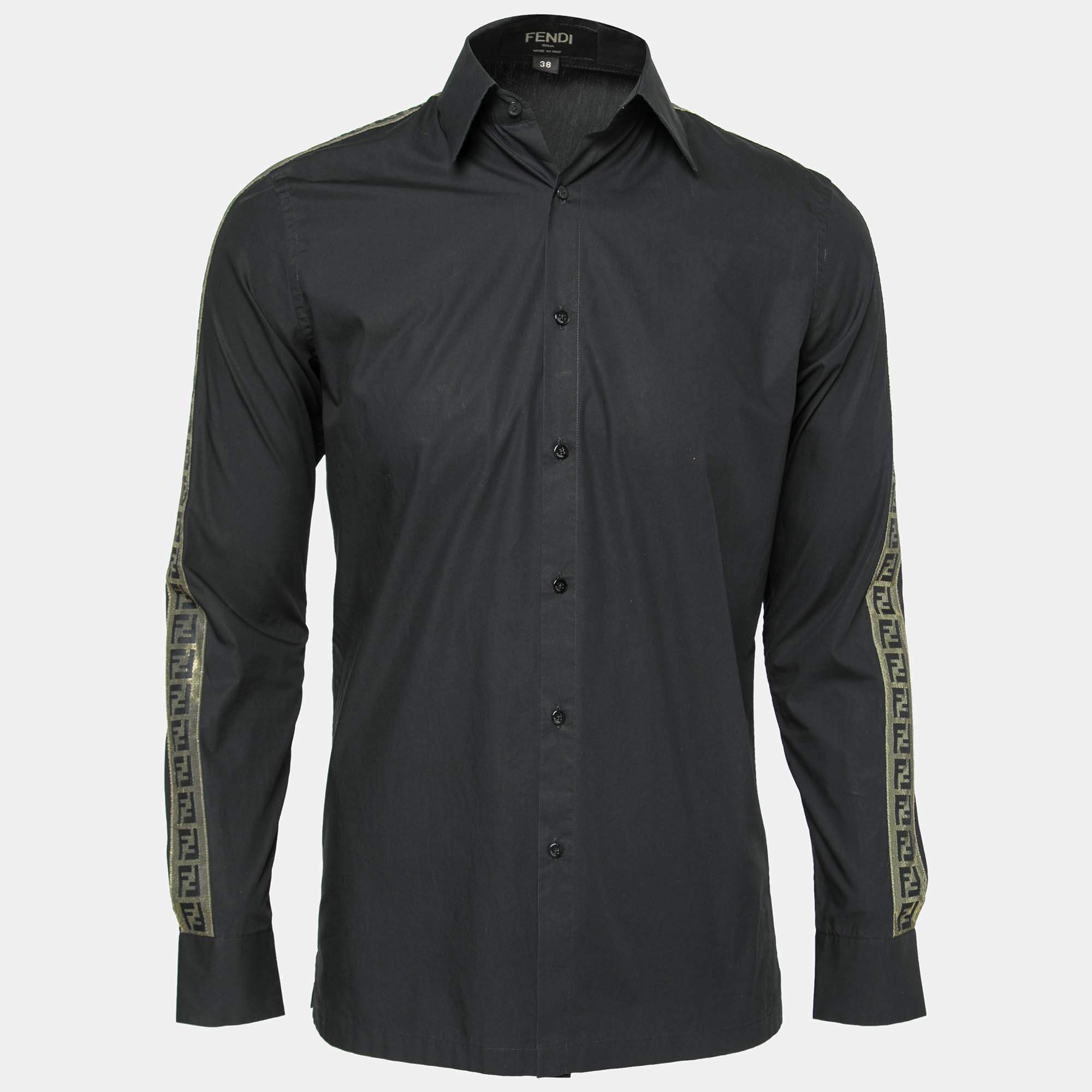 Pre Owned Fendi Black Cotton Zucca Monogram Trimmed Button Front Shirt S