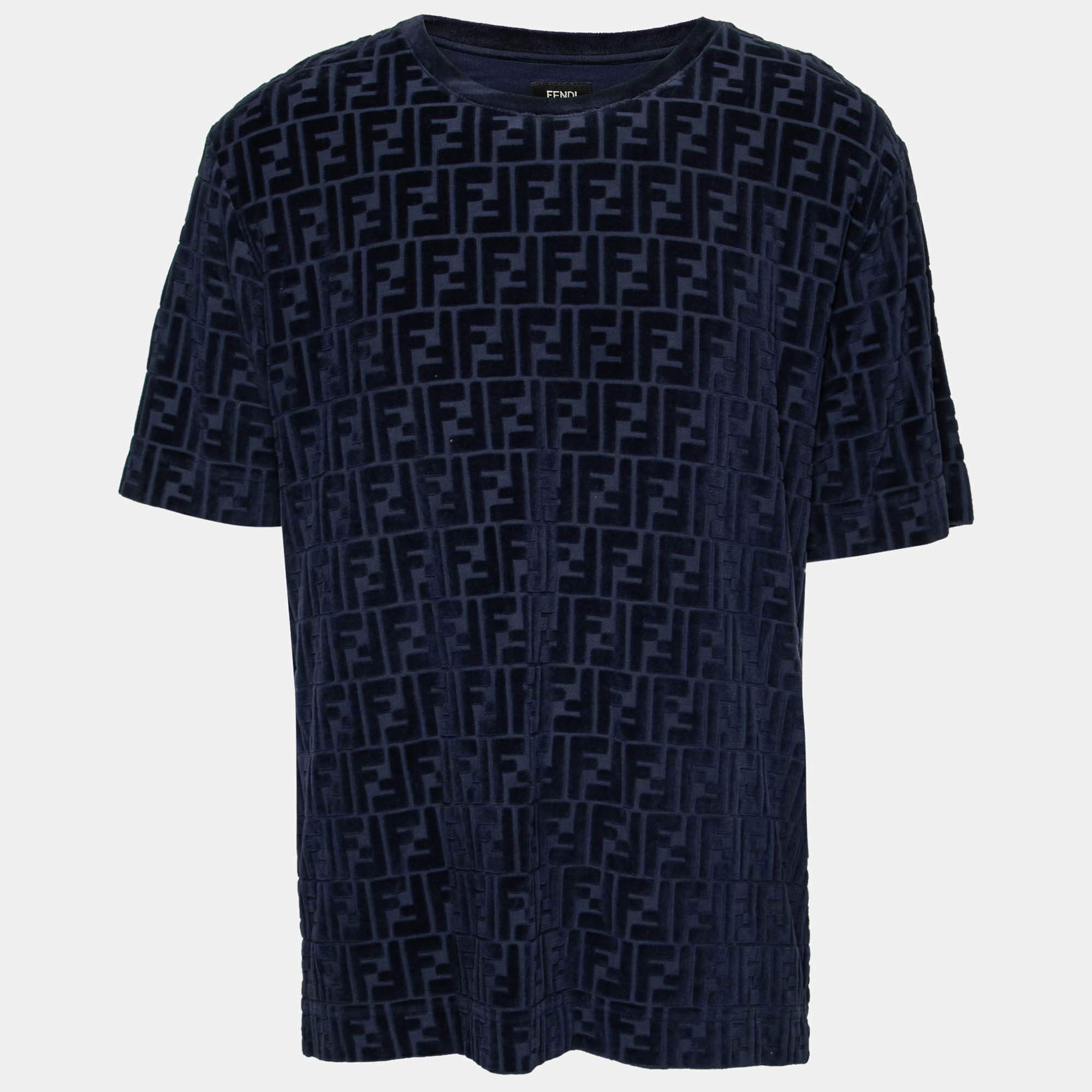 Fendi Blue Cotton Flocked FF Motif Short Sleeve T-Shirt XL