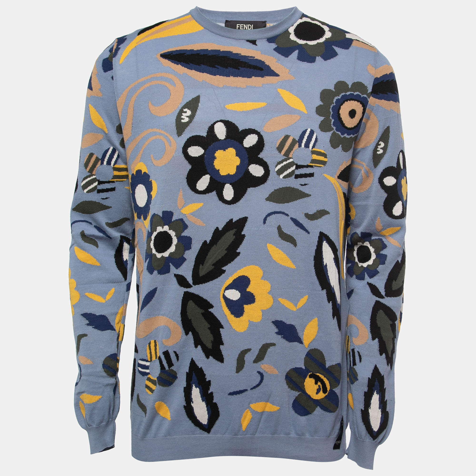 Pre Owned Fendi Blue Floral Jacquard Knit Long Sleeve Jumper L