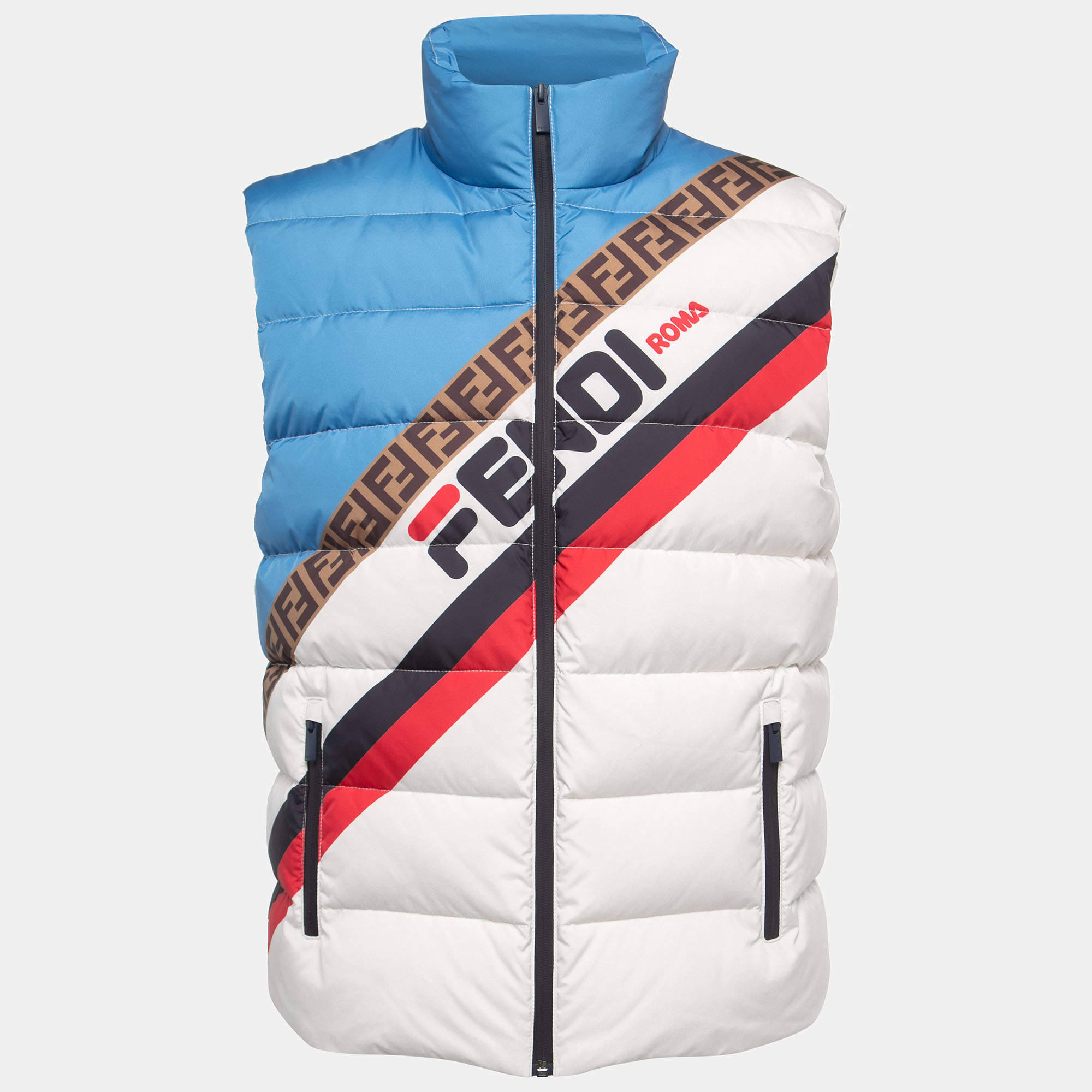 Fendi White Logo Mania Synthetic Colorblock Puffer Vest M