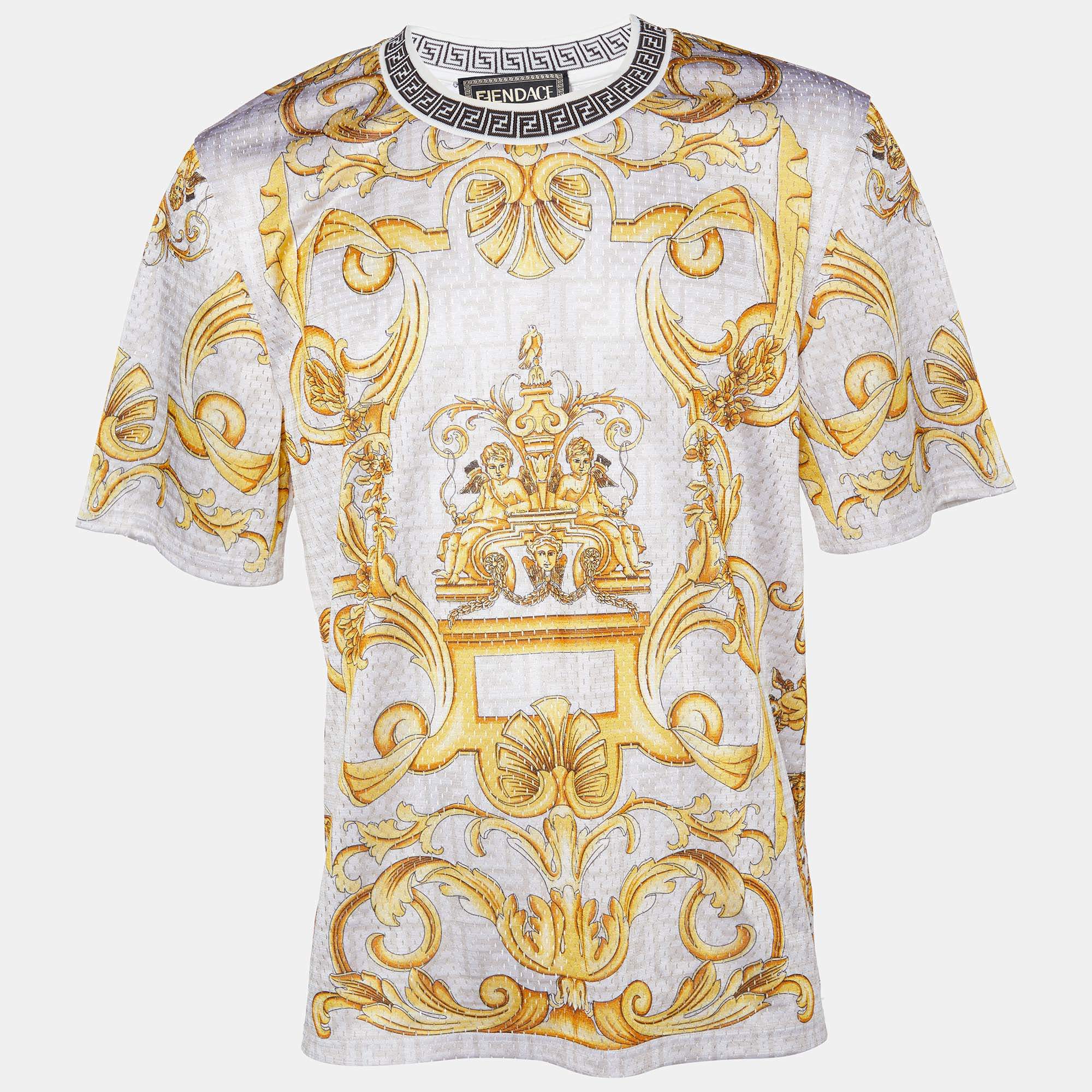 Pre Owned Fendace White Baroque Printed Perforated Knit Sweatshirt L