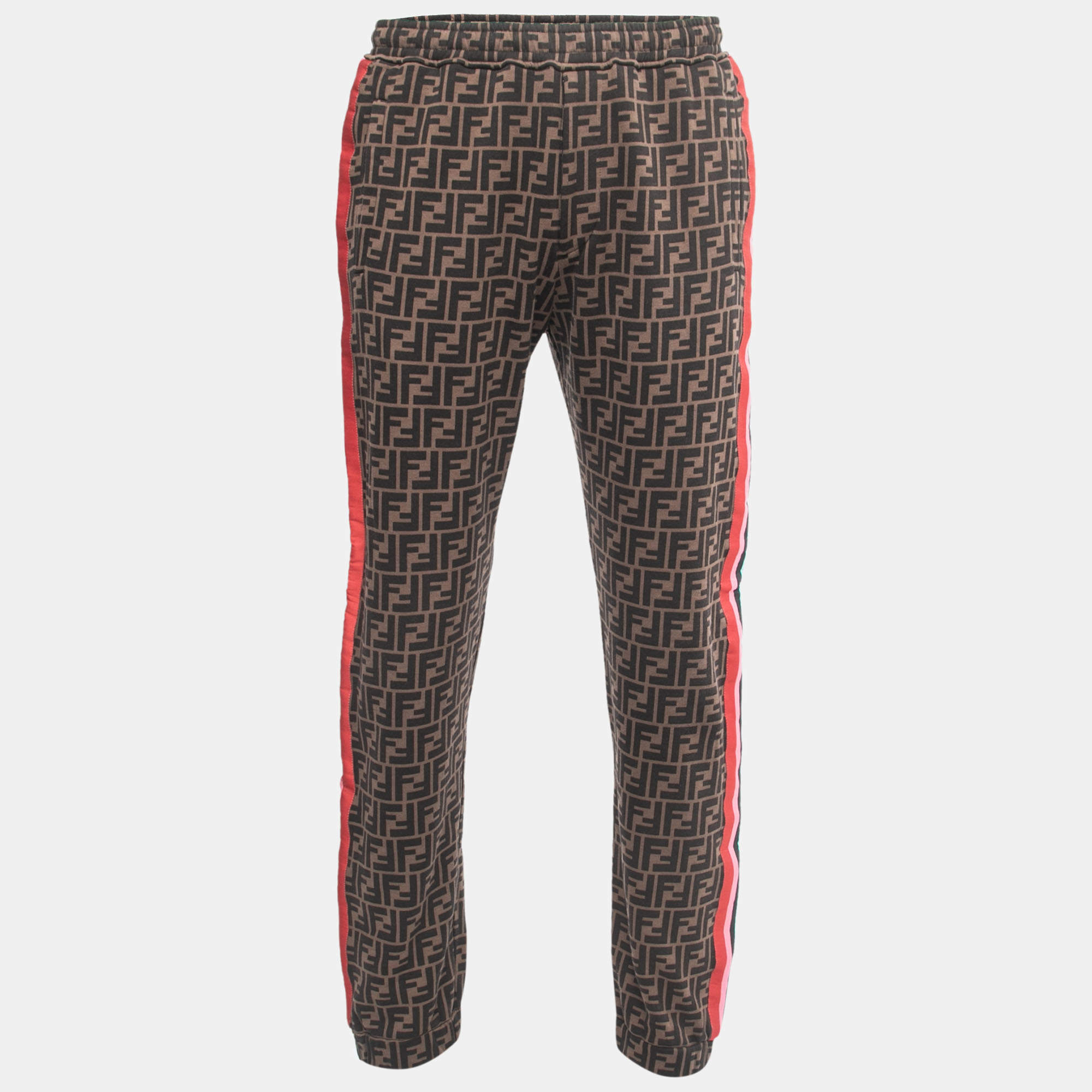 Fendi Brown Zucca Monogram Multicolor Stripe Detail Joggers XL