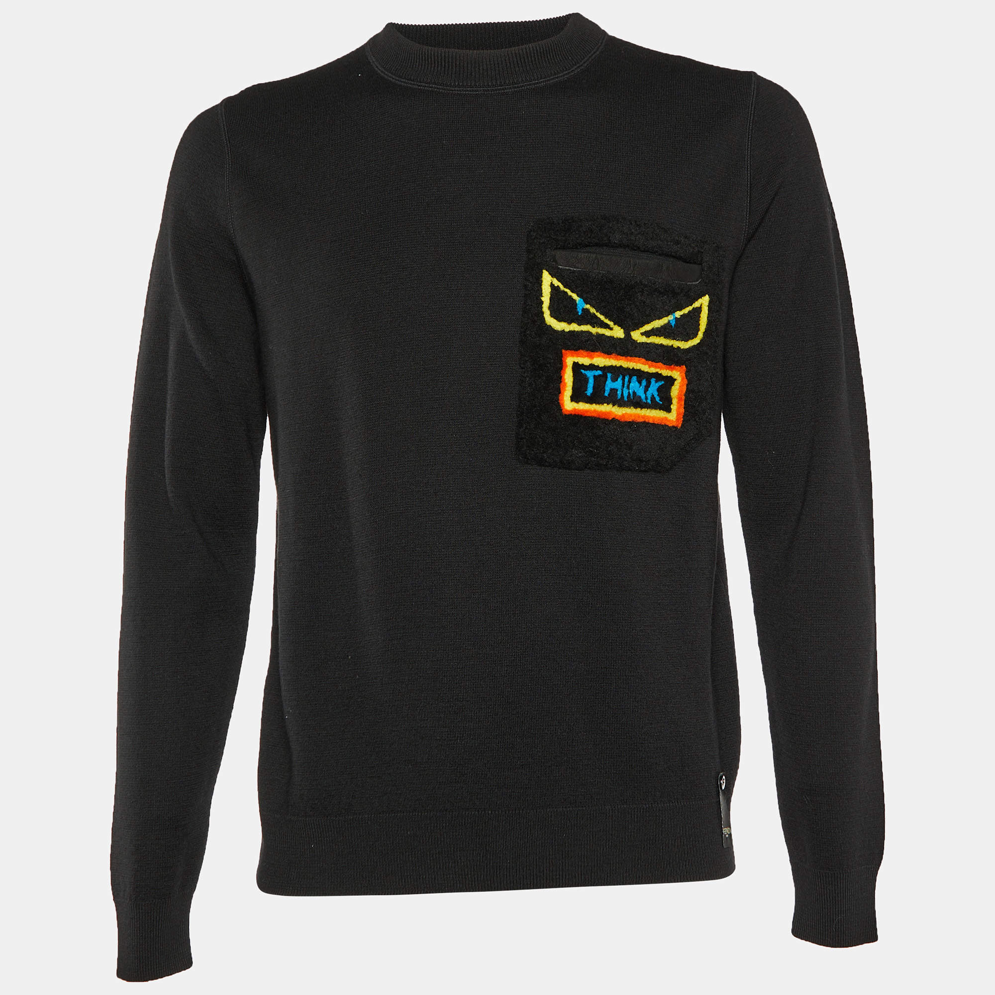 مملوكة مسبقًا Fendi Black Wool Knit Think Shearling Pocket Detail Jumper S