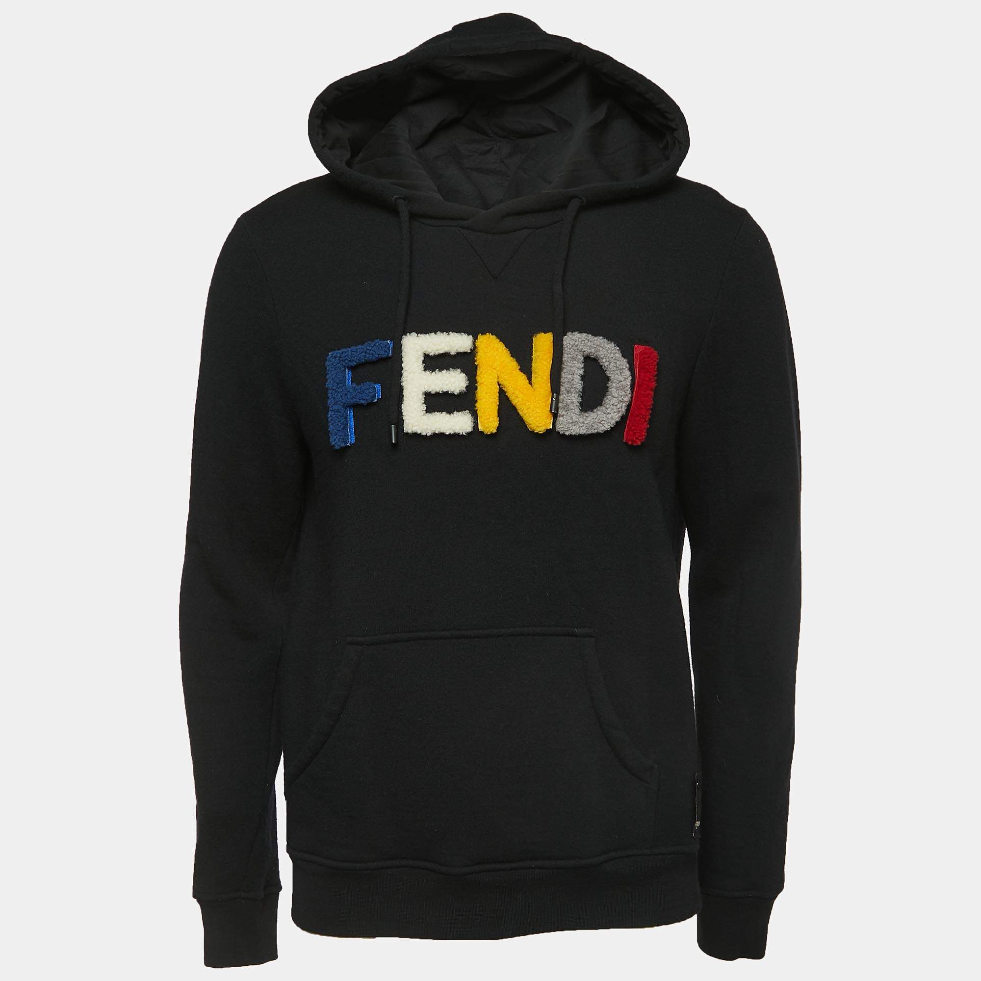 Pre Owned Fendi Black Wool Knit Velcro Shearling-Logo Hoodie L