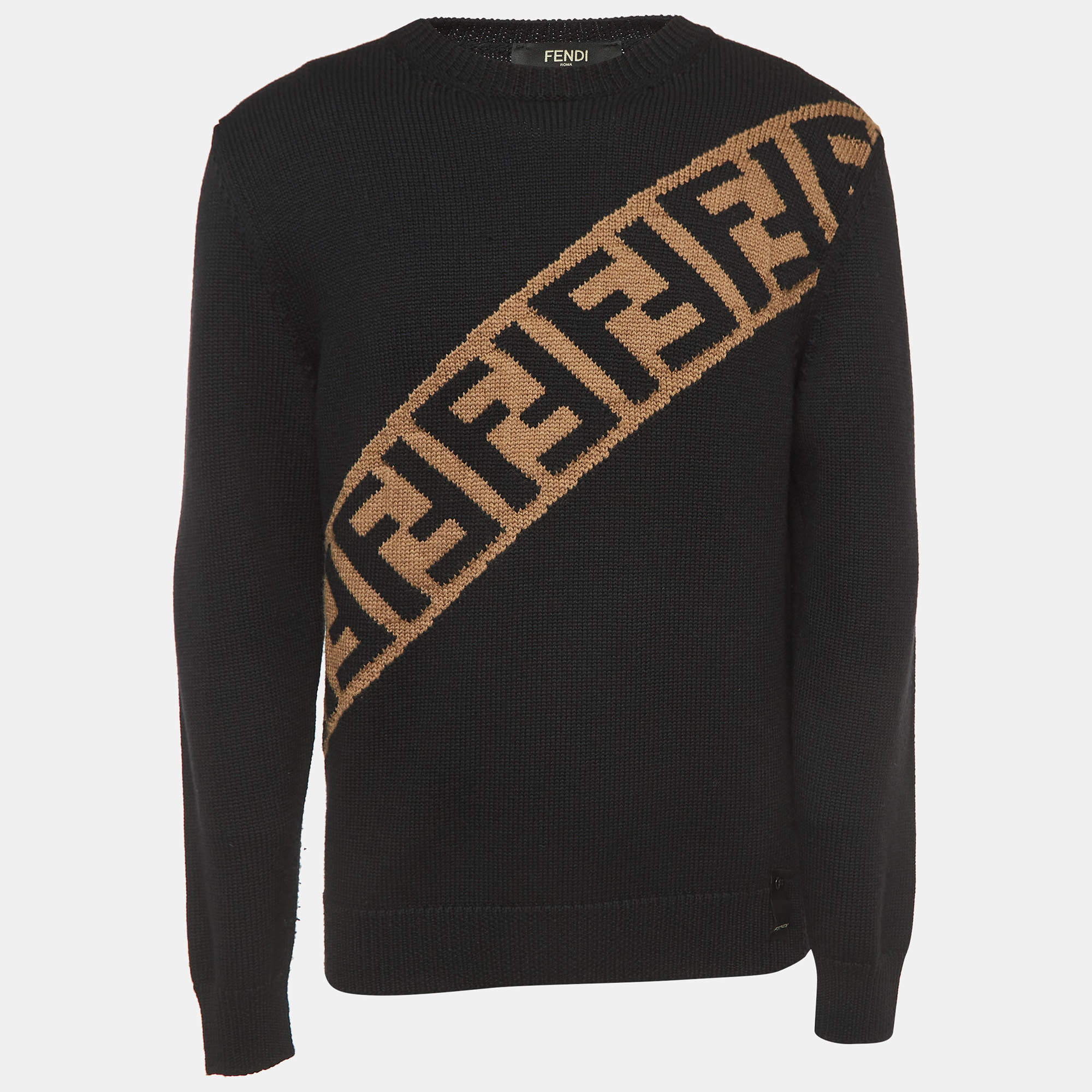 Pre Owned Fendi Black Logo Intarsia Wool Sweater M