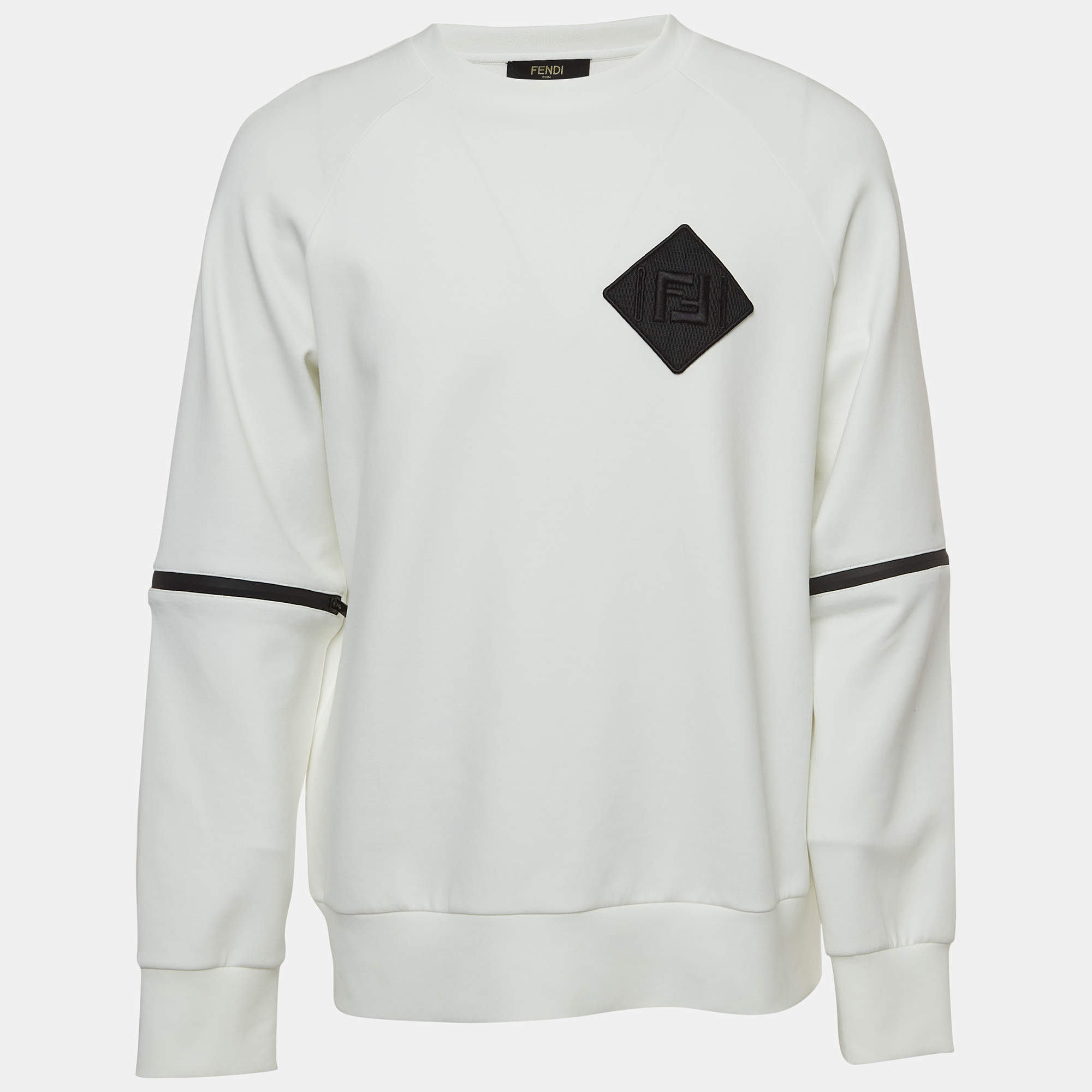 Pre Owned Fendi White Cotton Logo Patch Zipper Sleeve Detail Round Neck Sweater L