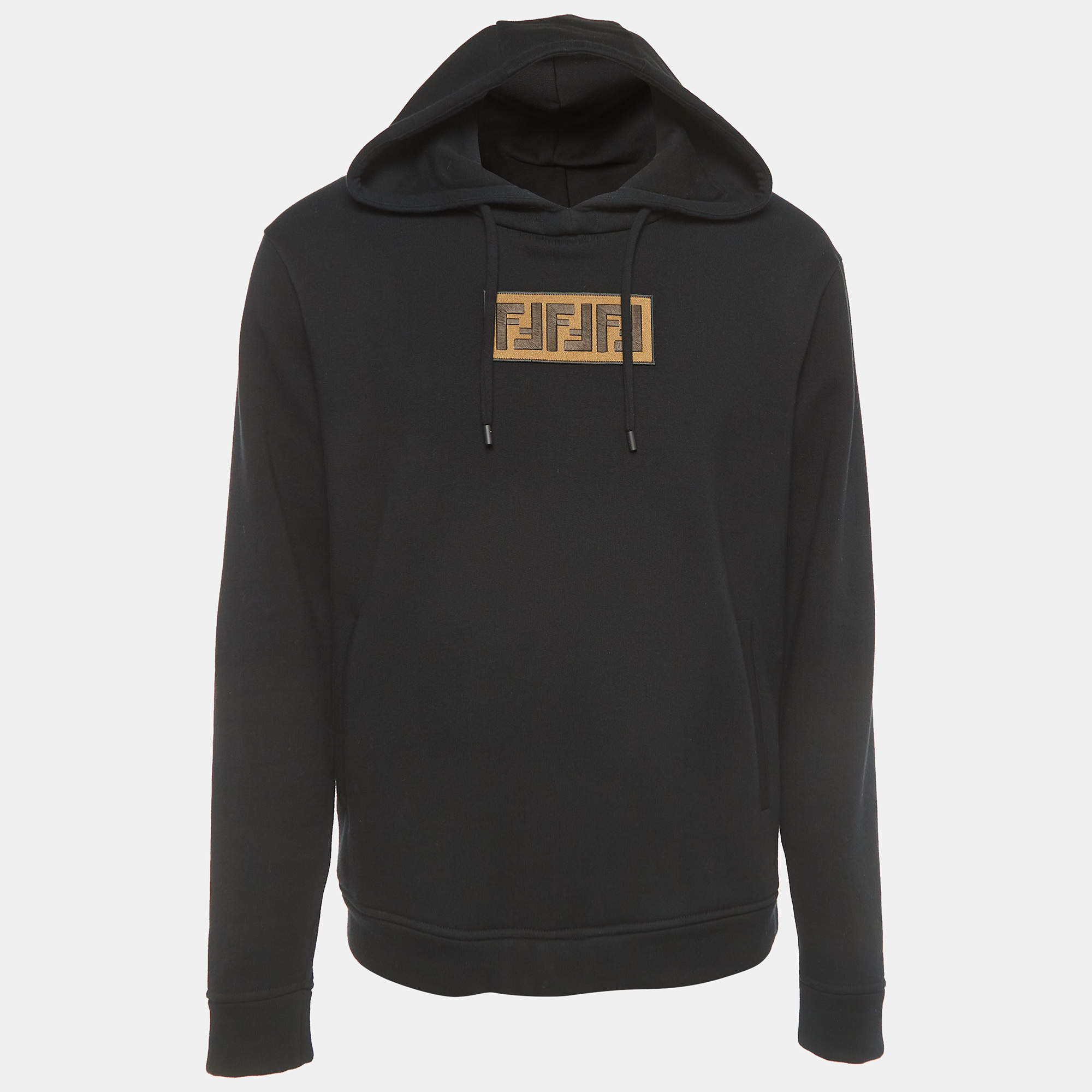 Pre Owned Fendi Black Logo Embroidered Cotton & Cashmere Hoodie L
