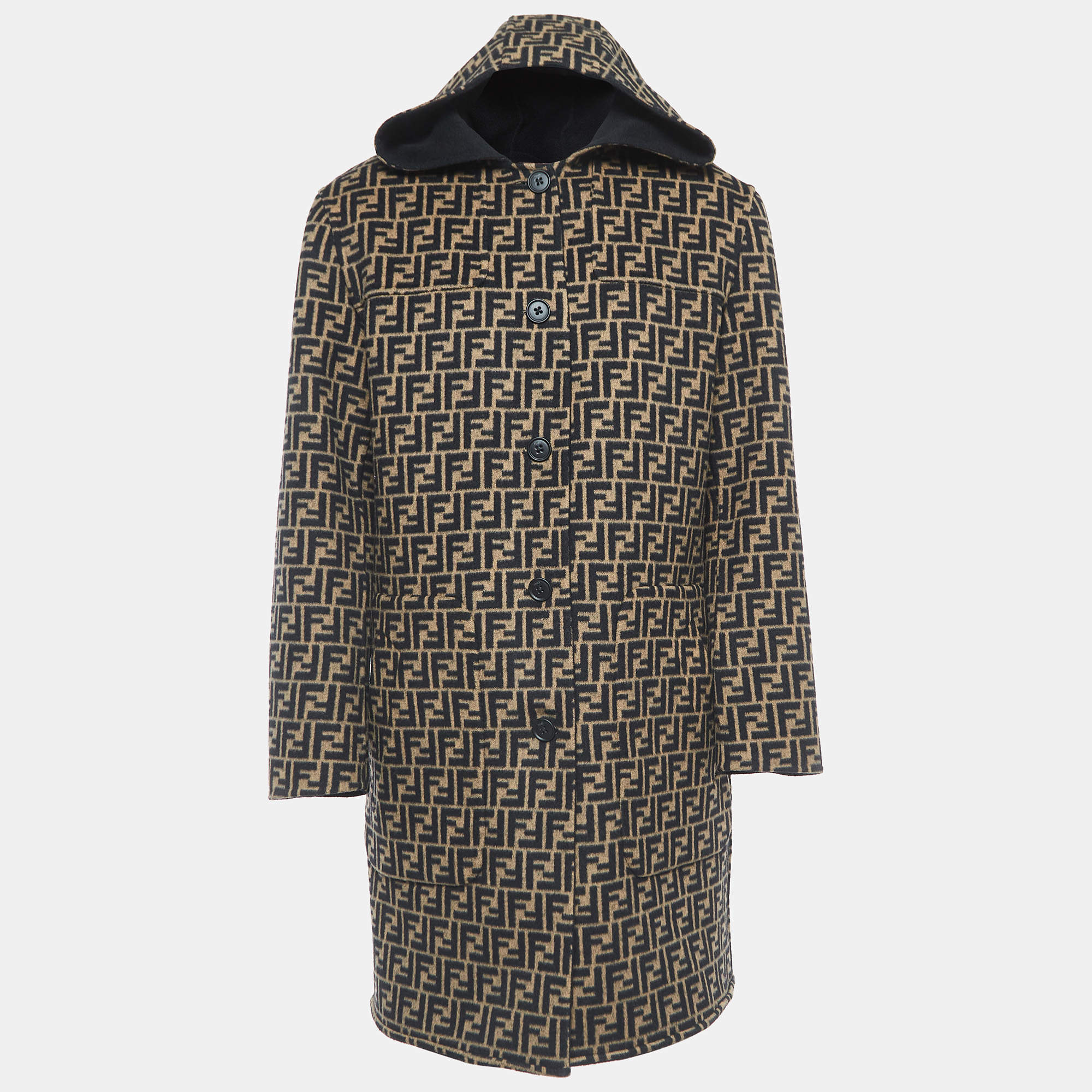Fendi Black/Brown All-Over Logo Fleece Wool Reversible Coat M