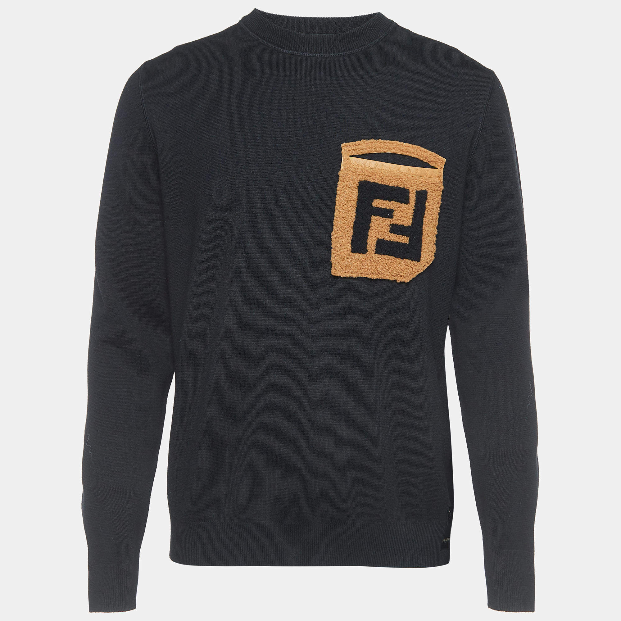 Pre Owned Fendi Black Wool Logo Fur Pocket Detail Pullover L