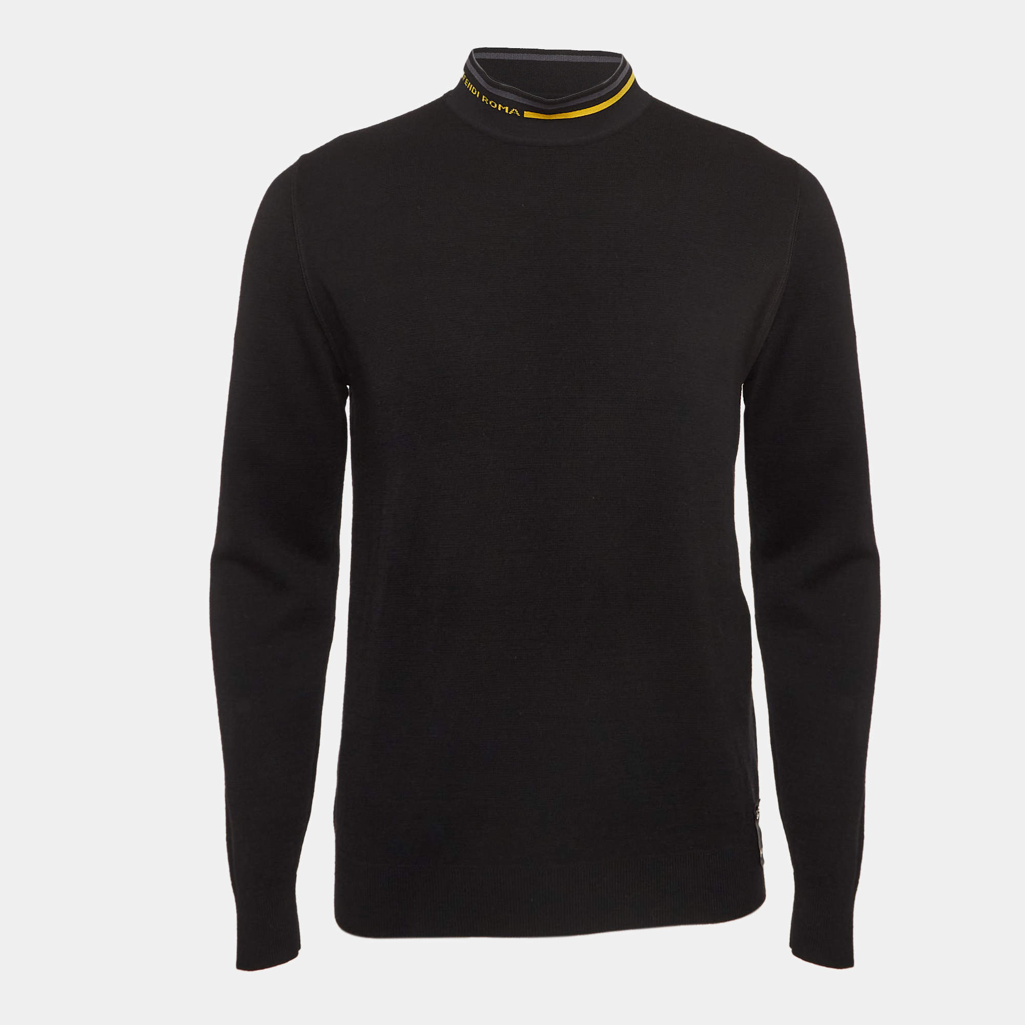 Pre Owned Fendi Black Logo Motif Fleece Wool Turtle Neck Pullover L