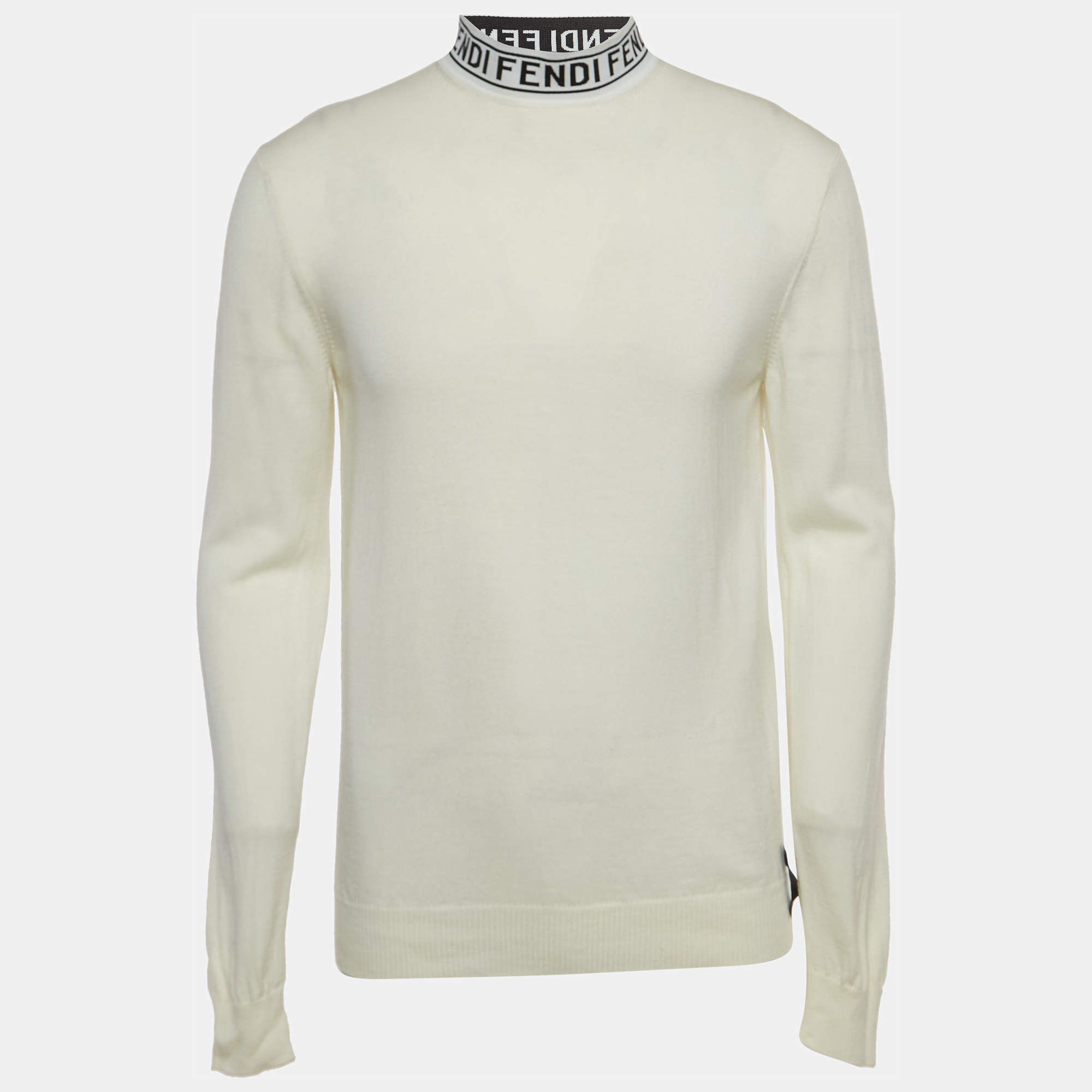 Pre Owned Fendi Ivory White Wool High Neck Jumper L