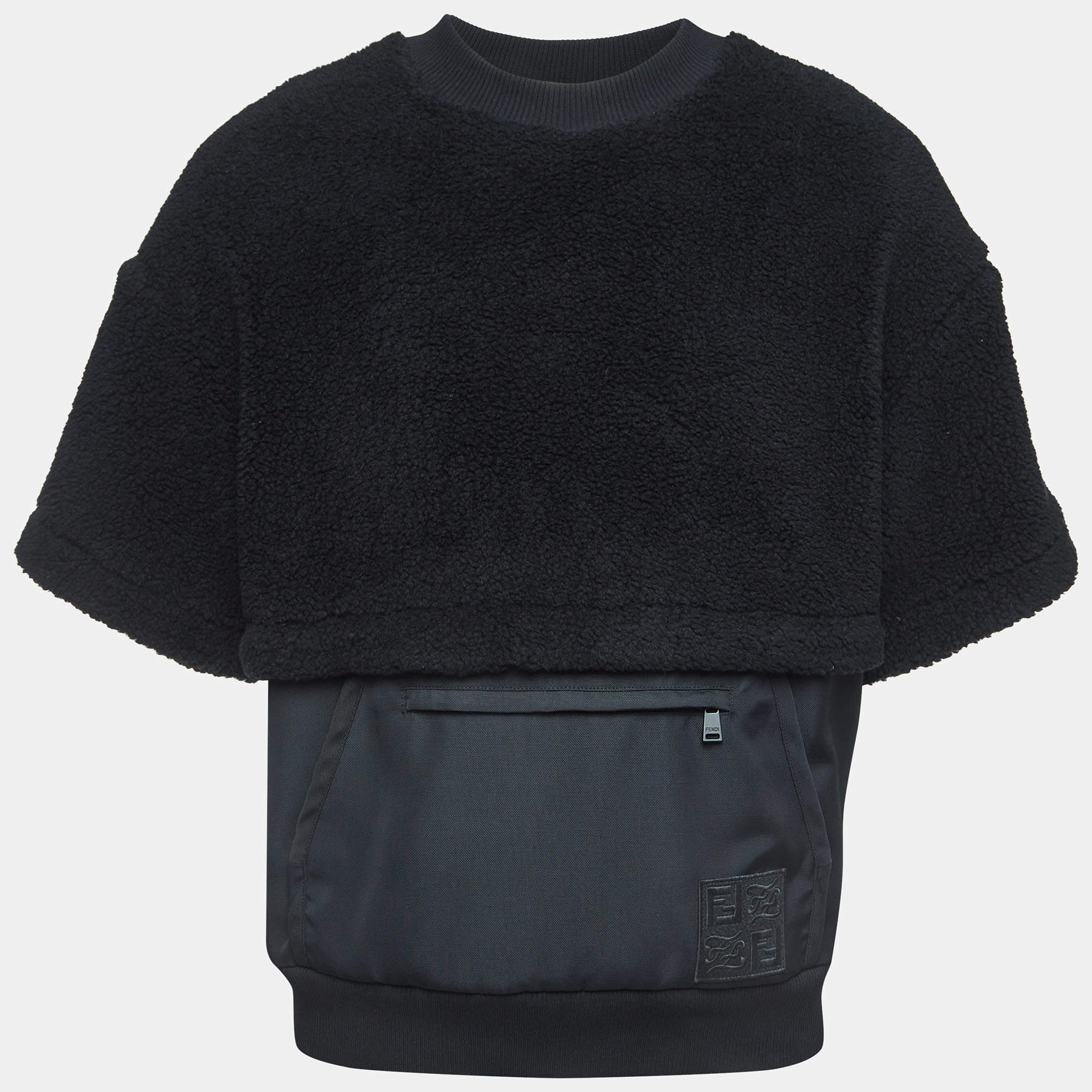 Fendi Black Shearling Pocket Detail Crew Neck Sweater S
