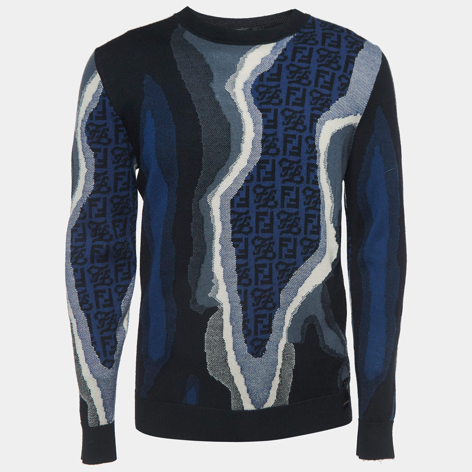 Pre Owned Fendi Blue Earth Intarsia Cotton Knit Crew Neck Sweatshirt L