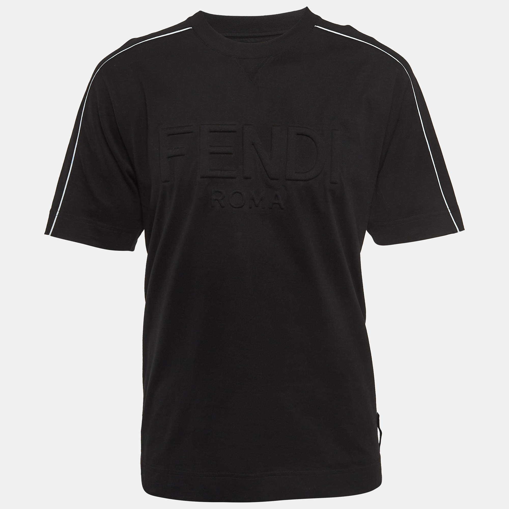 Pre Owned Fendi Black Logo Embossed Cotton Crew Neck T-Shirt M