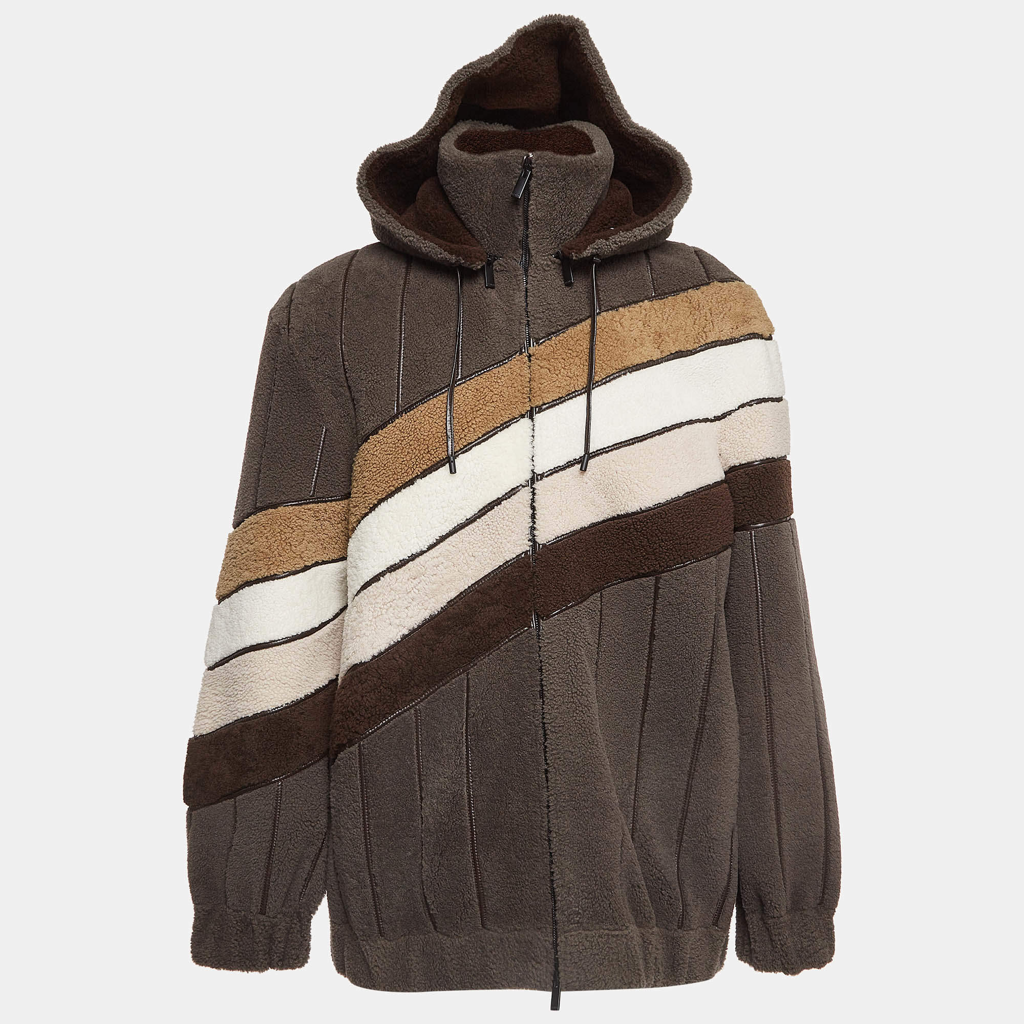 Fendi Multicolor Wool and Leather Detachable Hood Bomber Jacket M Fendi TLC