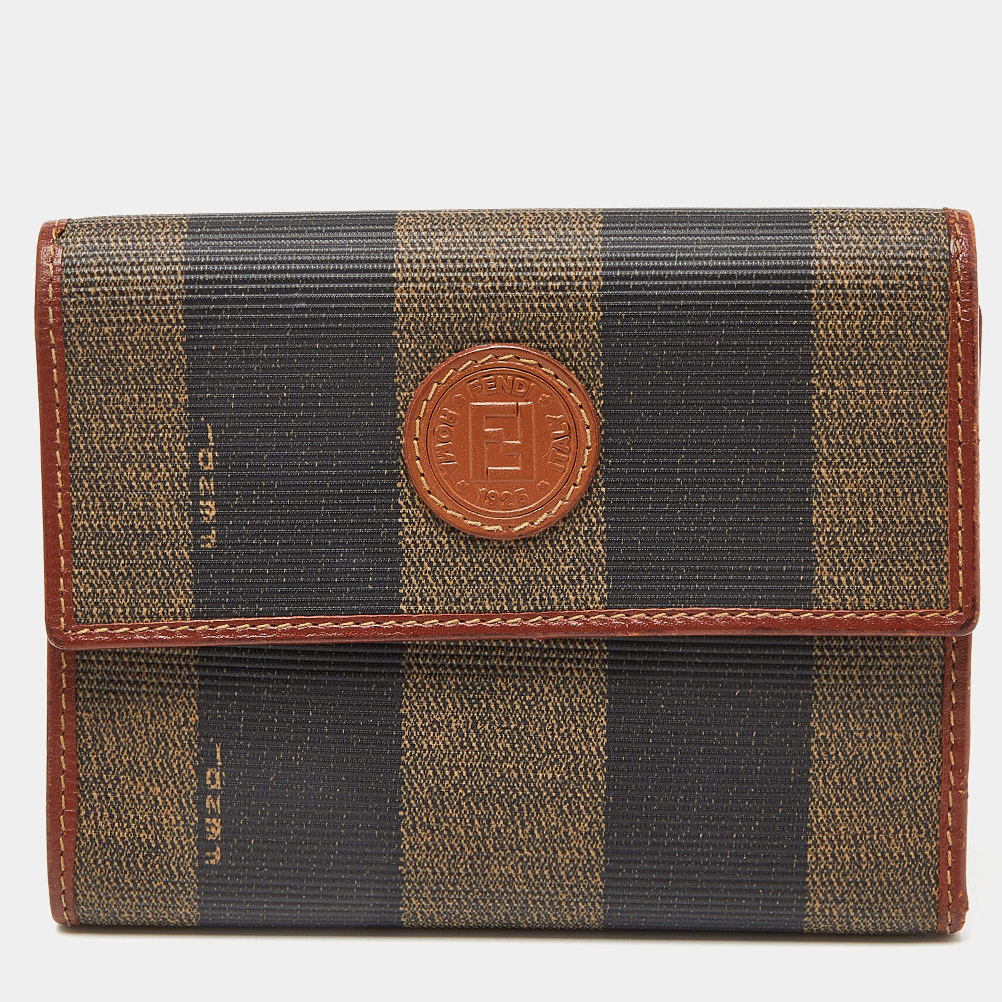 مملوكة مسبقًا Fendi Brown/Tan Pequin Coated Canvas and Leather Flap Compact Wallet