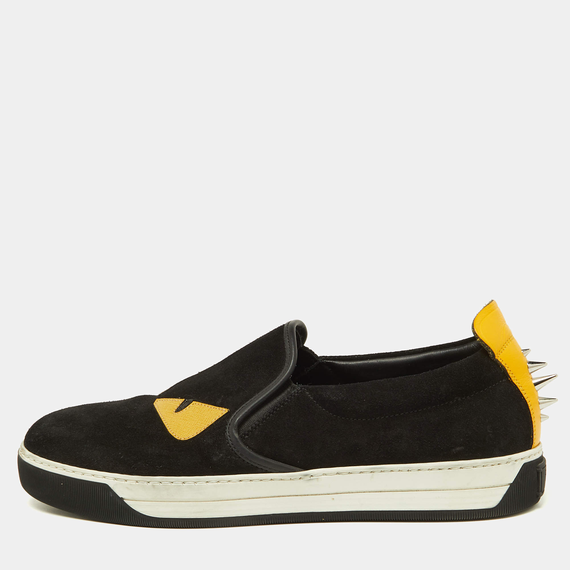 Fendi Black/Yellow Suede and Leather Monster Eye Slip On Sneakers Size 41