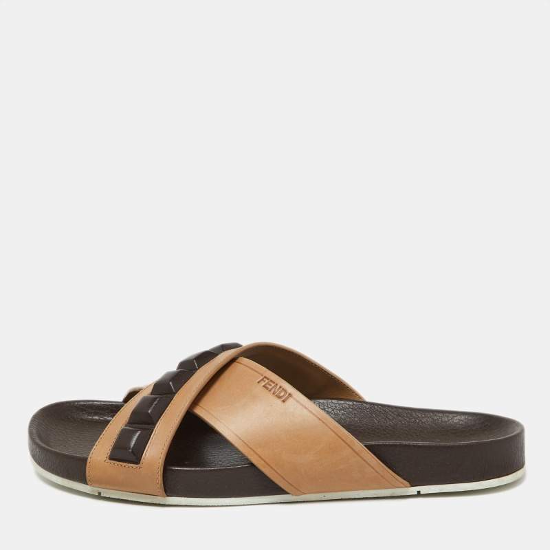 Pre Owned Fendi Brown/Beige Crisscross Leather Flat Slides Size 41