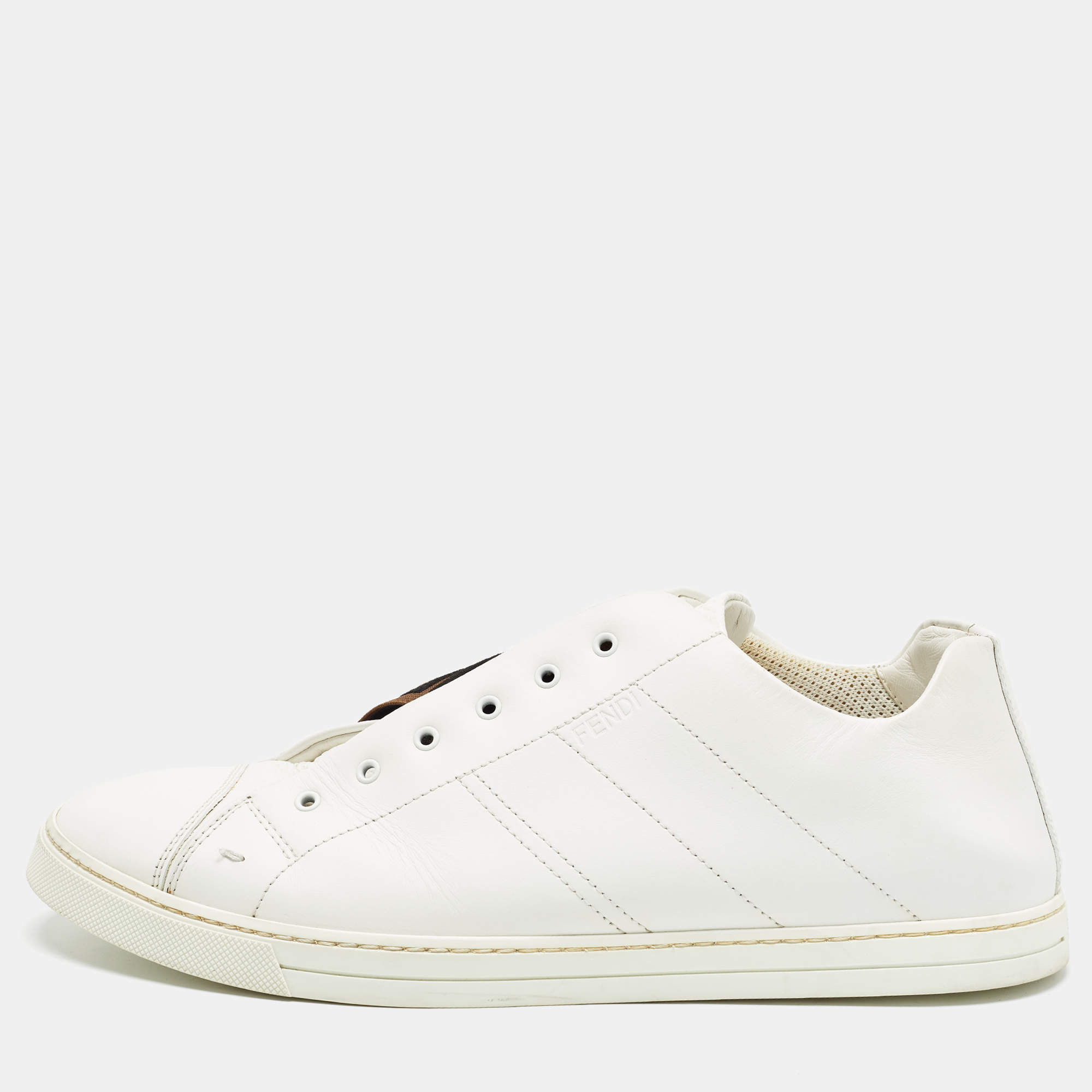 Fendi White/Brown Leather and Zucca Elastic Band Slip On Sneakers Size 44