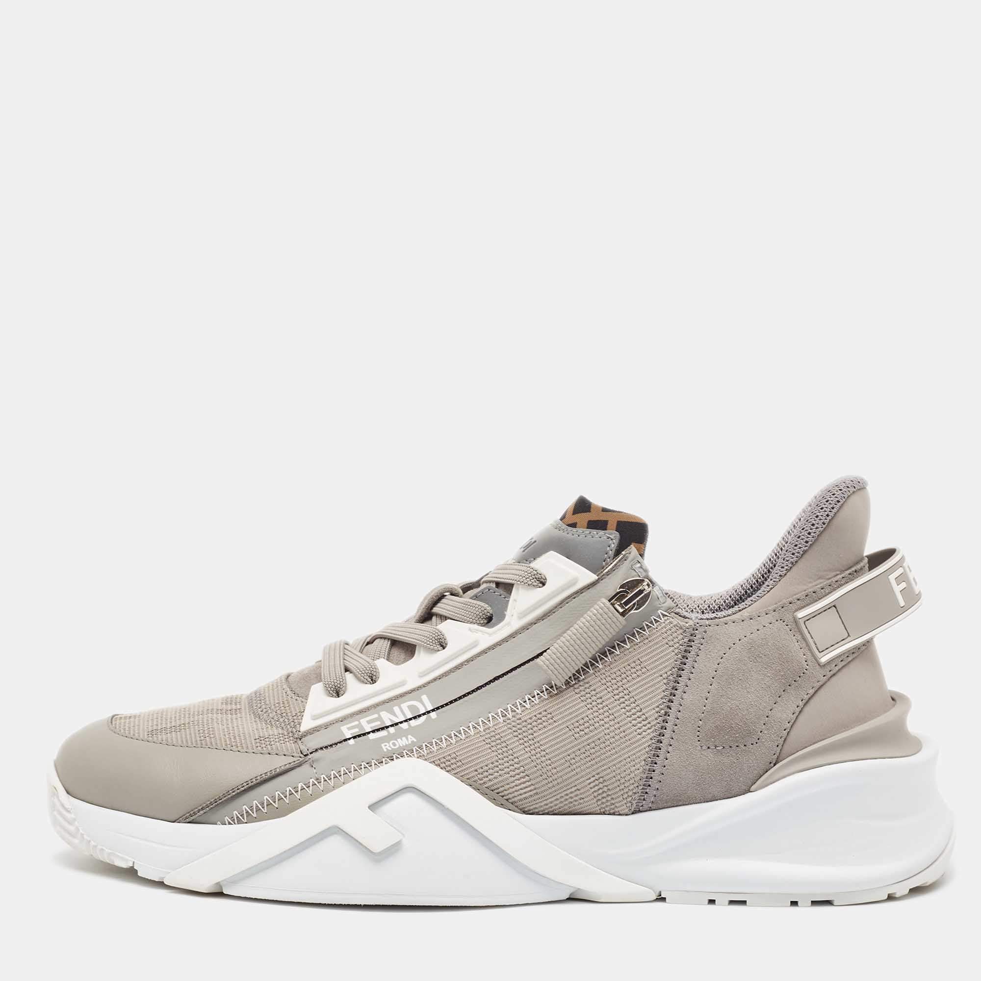 Fendi Grey Leather and  Zucca Canvas Flow Sneakers Size 42