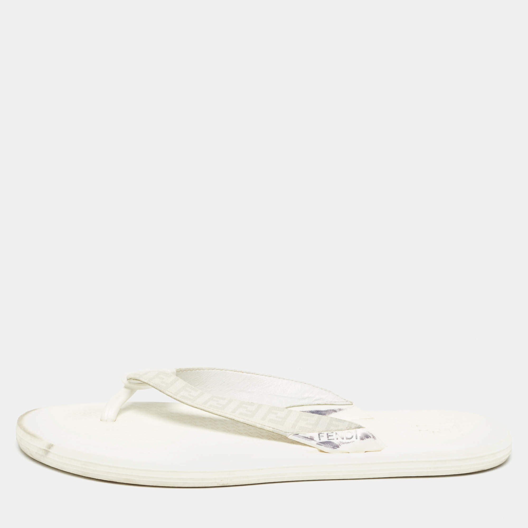 Fendi White Zucca Coated Canvas Thong Sandals Size  45