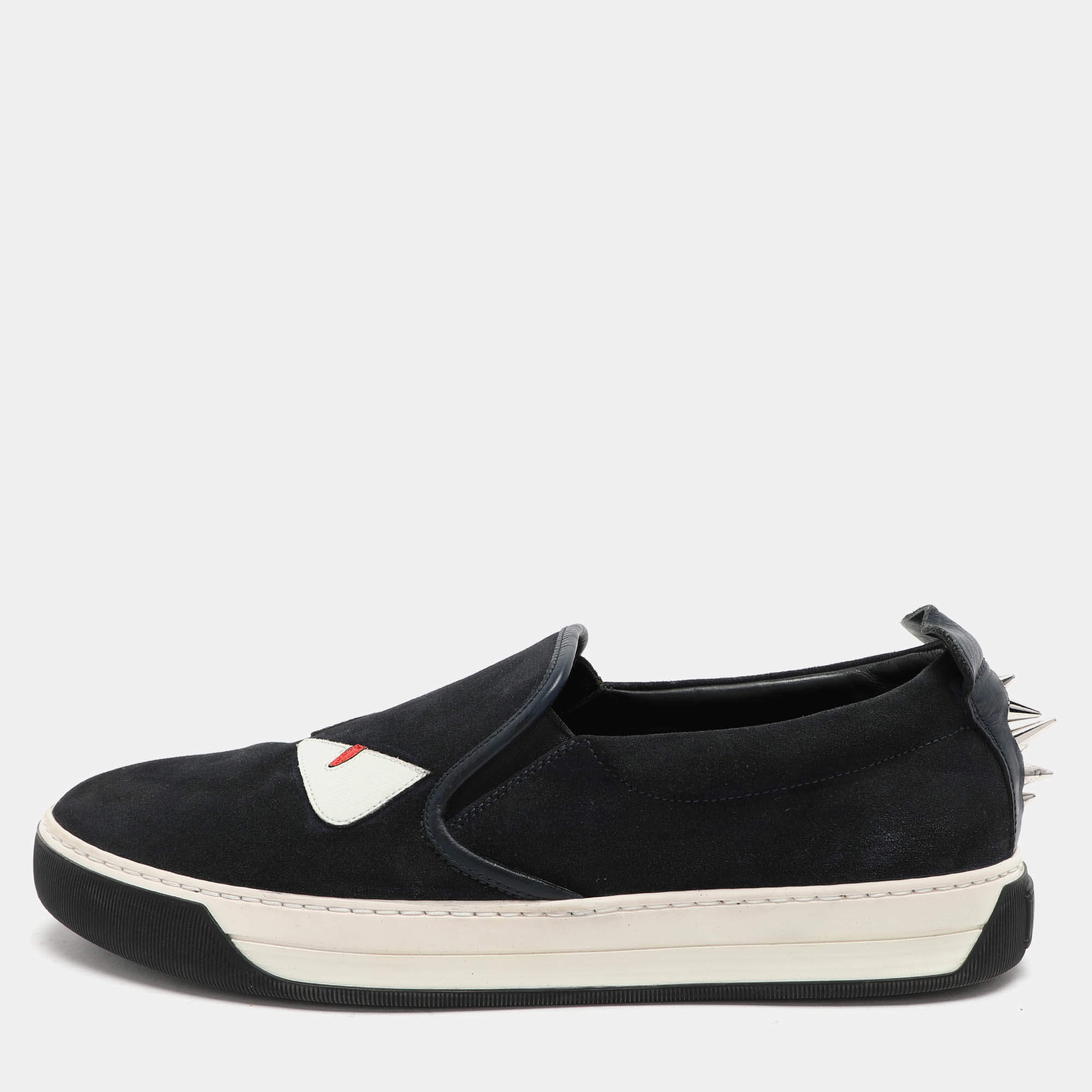 Fendi Navy Blue Suede Monster Eyes Slip On Sneakers Size 42