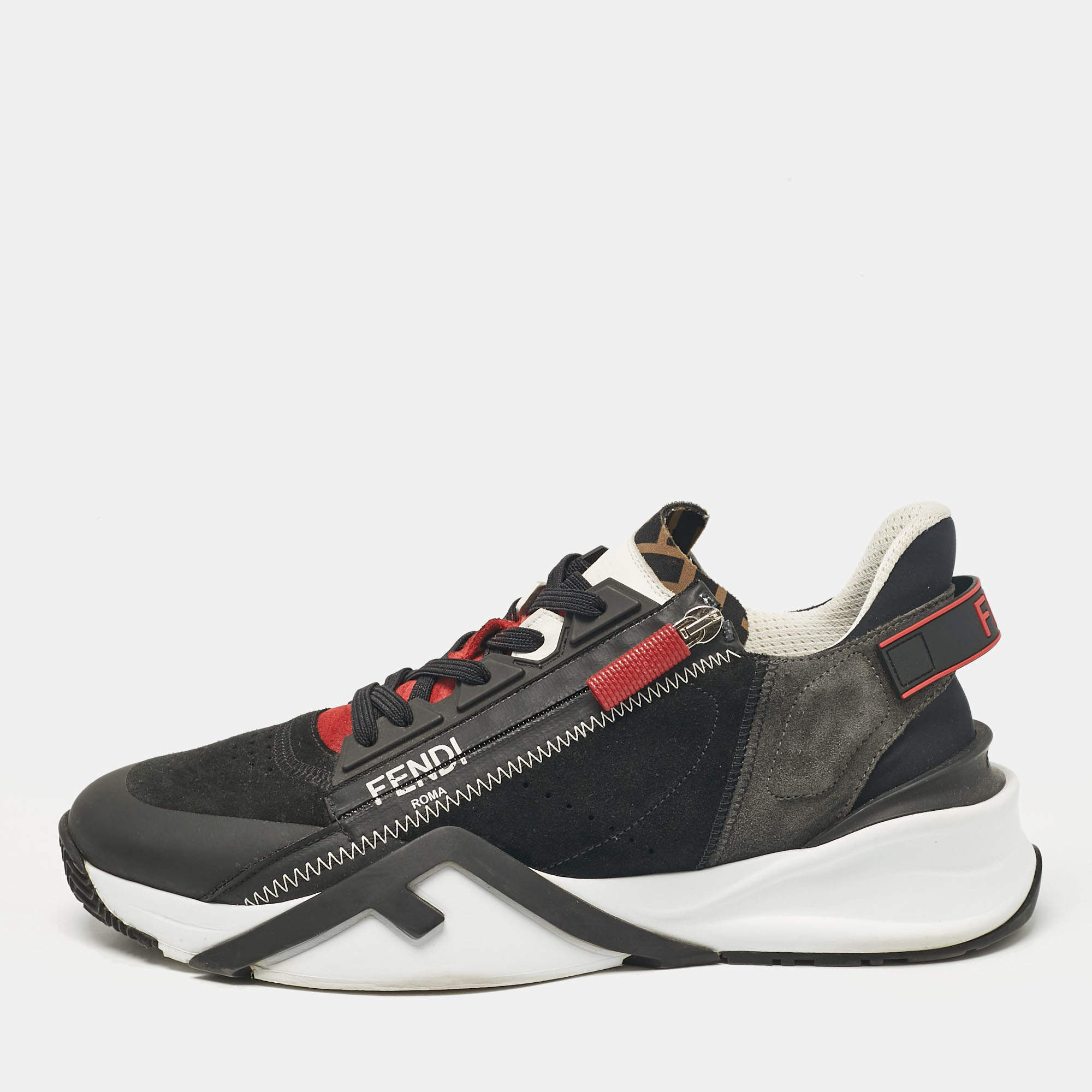 Fendi Black Leather and Suede Flow Lace Up Sneakers Size 42