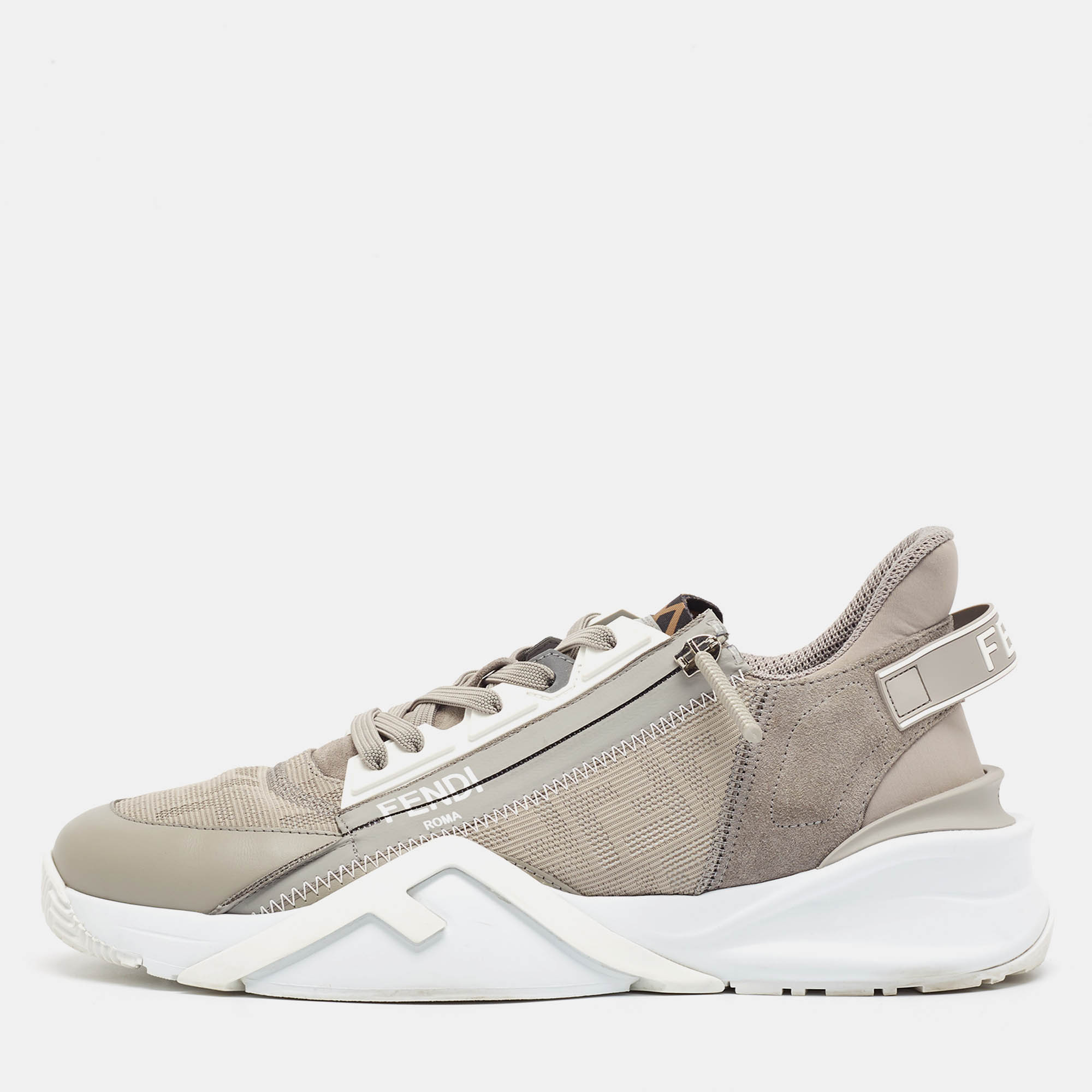 Fendi Grey Leather and Zucca Canvas Flow Sneakers Size 42