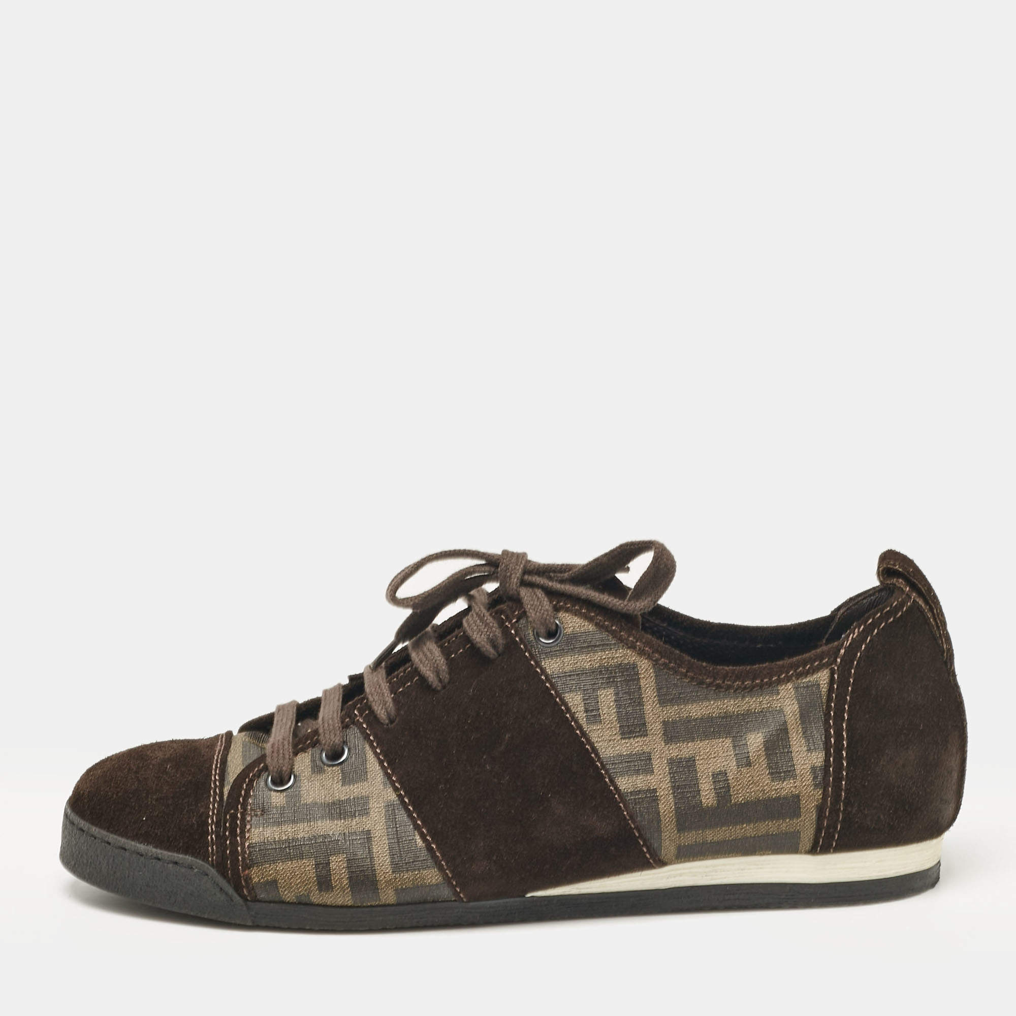 Fendi Brown Canvas and Suede FF Print Lace Up Sneakers Size 42