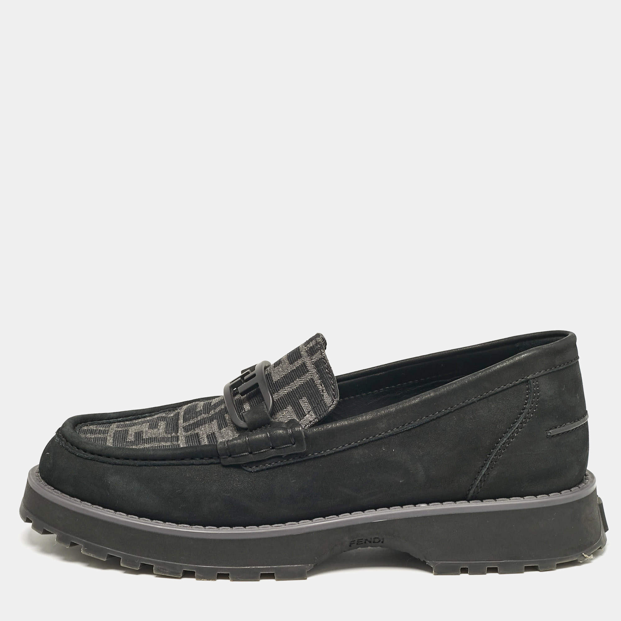 Fendi Black FF Canvas and Jacquard O'Lock Loafers Size 43
