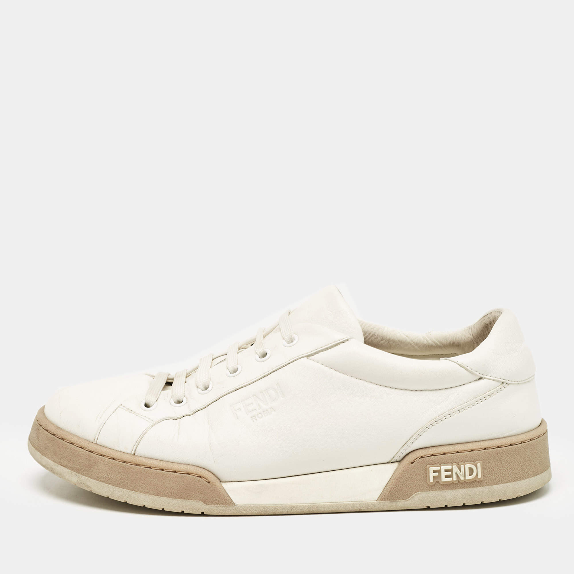 Fendi White Leather Lace Up Low Top Sneakers Size 42.5