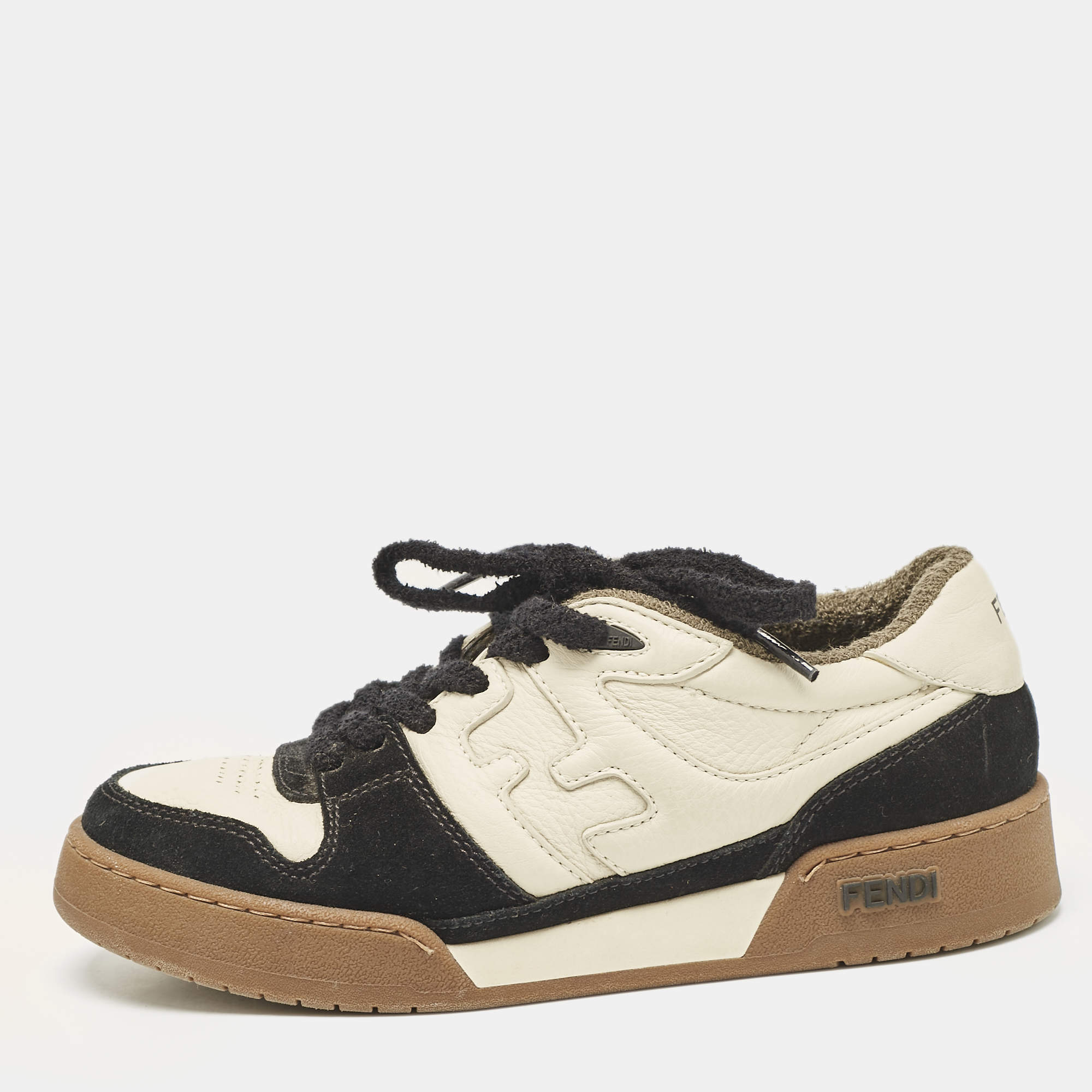 Fendi Cream/Black Leather And Suede Match Lace Up Sneakers Size 38