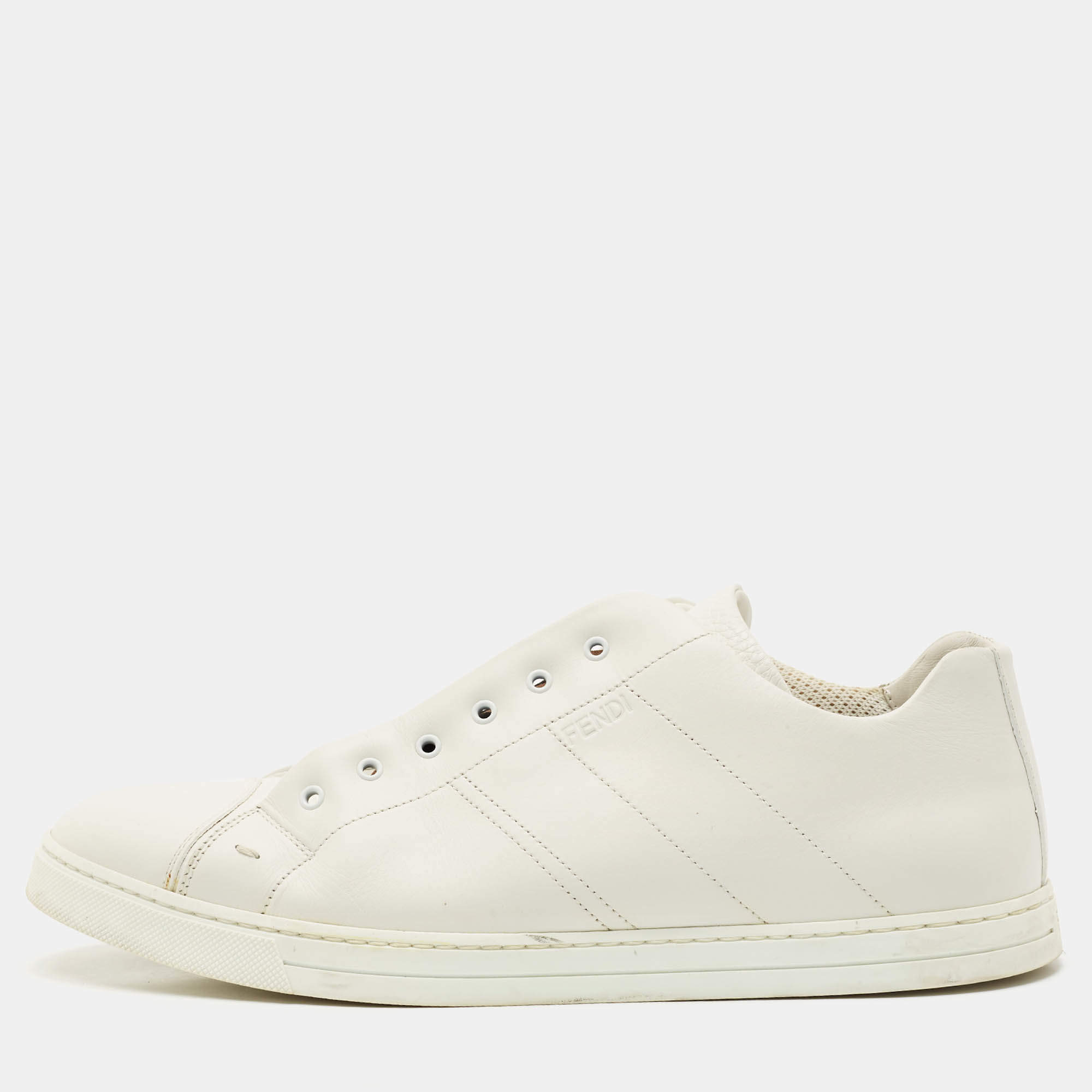 Fendi White Leather FF Crisscross Strap Slip On Sneakers Size 43