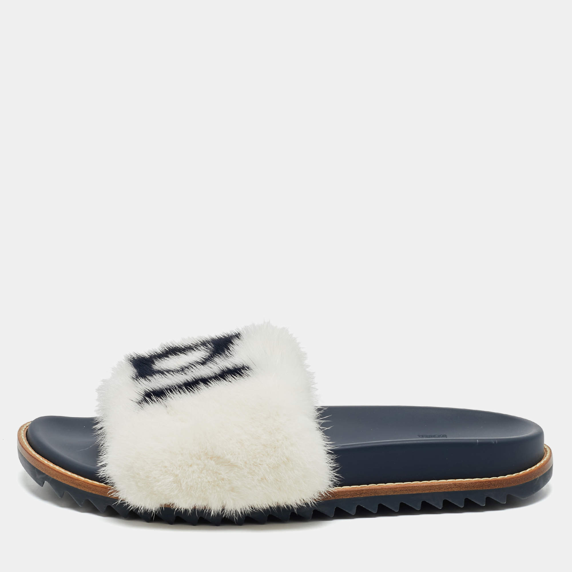 Pre Owned Fendi x Fila Black Mink Fur Logo Mania Slide Sandals Size 41