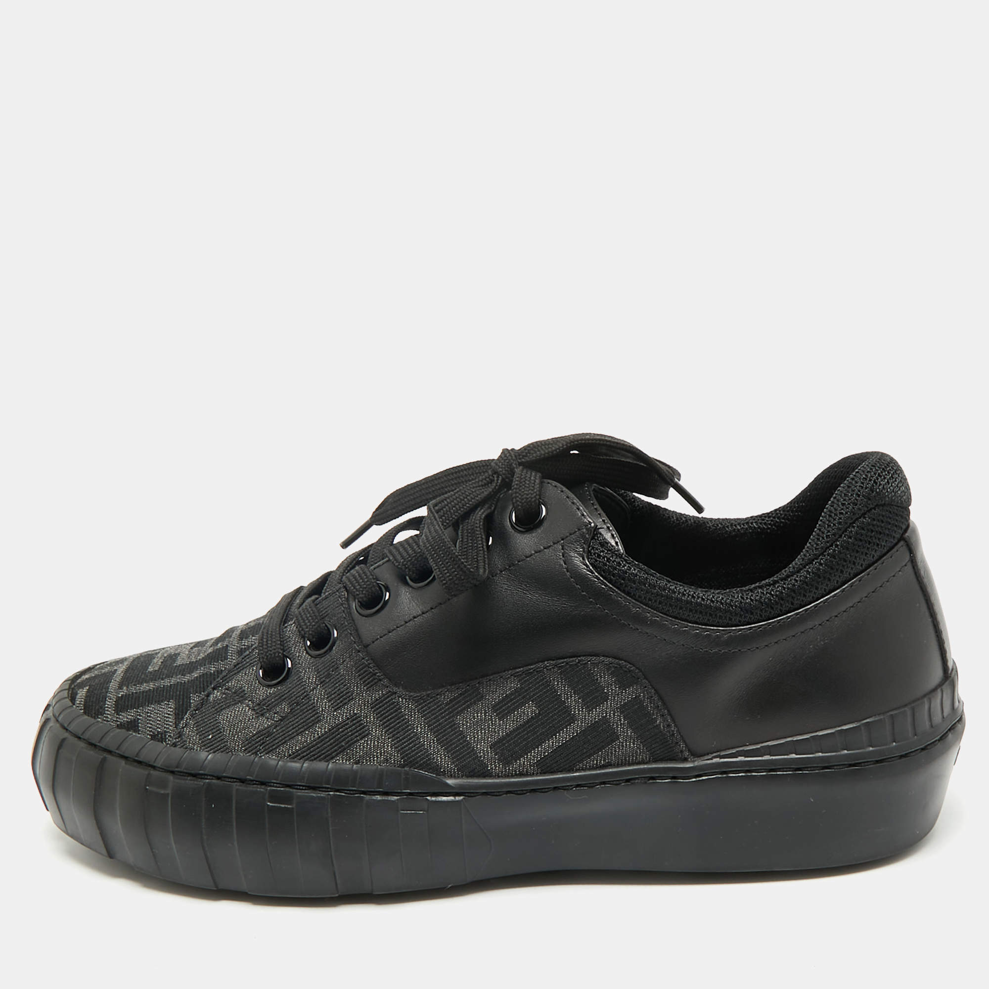 Fendi Black Zucca Fabric and Leather Low Top Sneakers Size 40