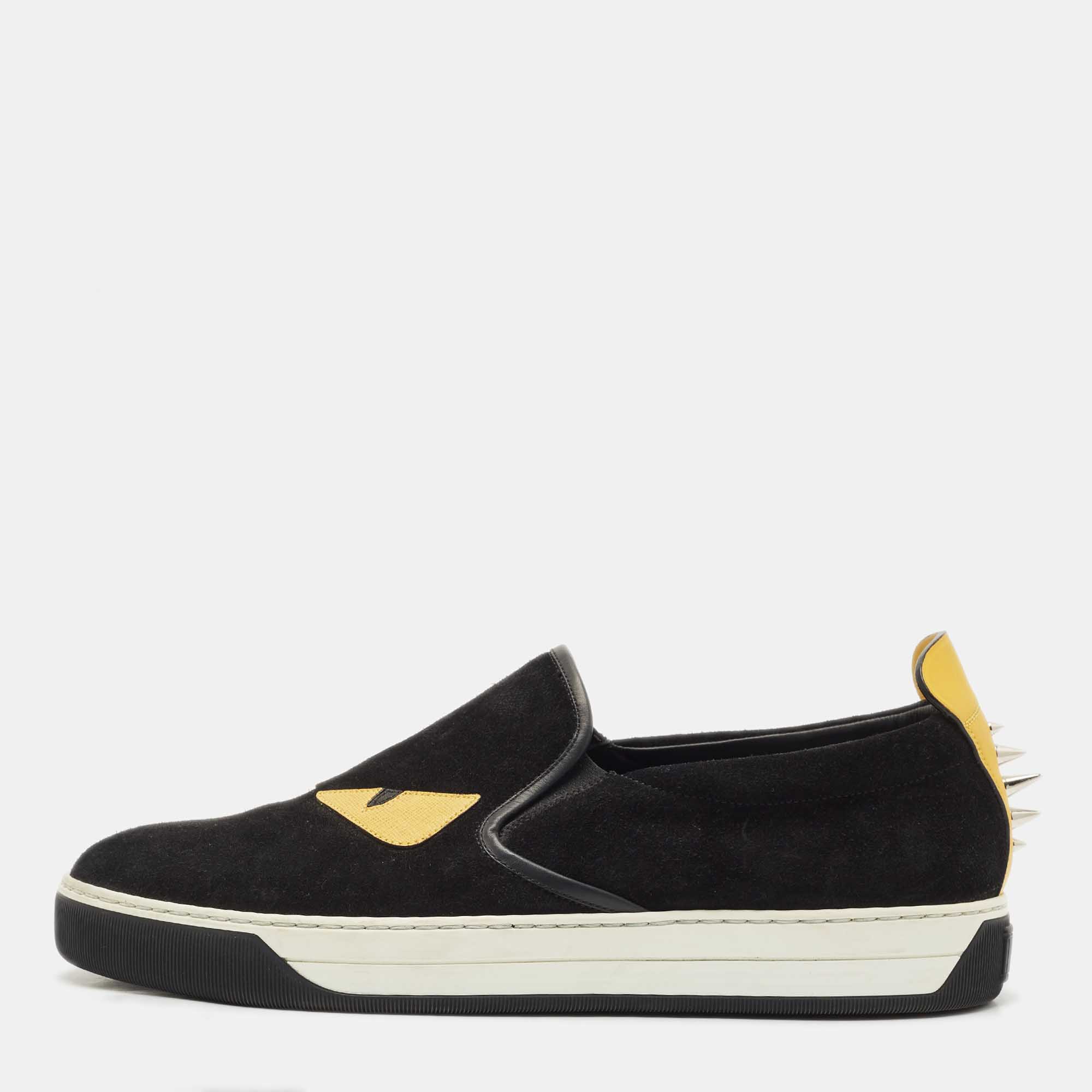 Pre Owned Fendi Black Suede and Leather Monster Eyes Slip On Sneakers Size 42