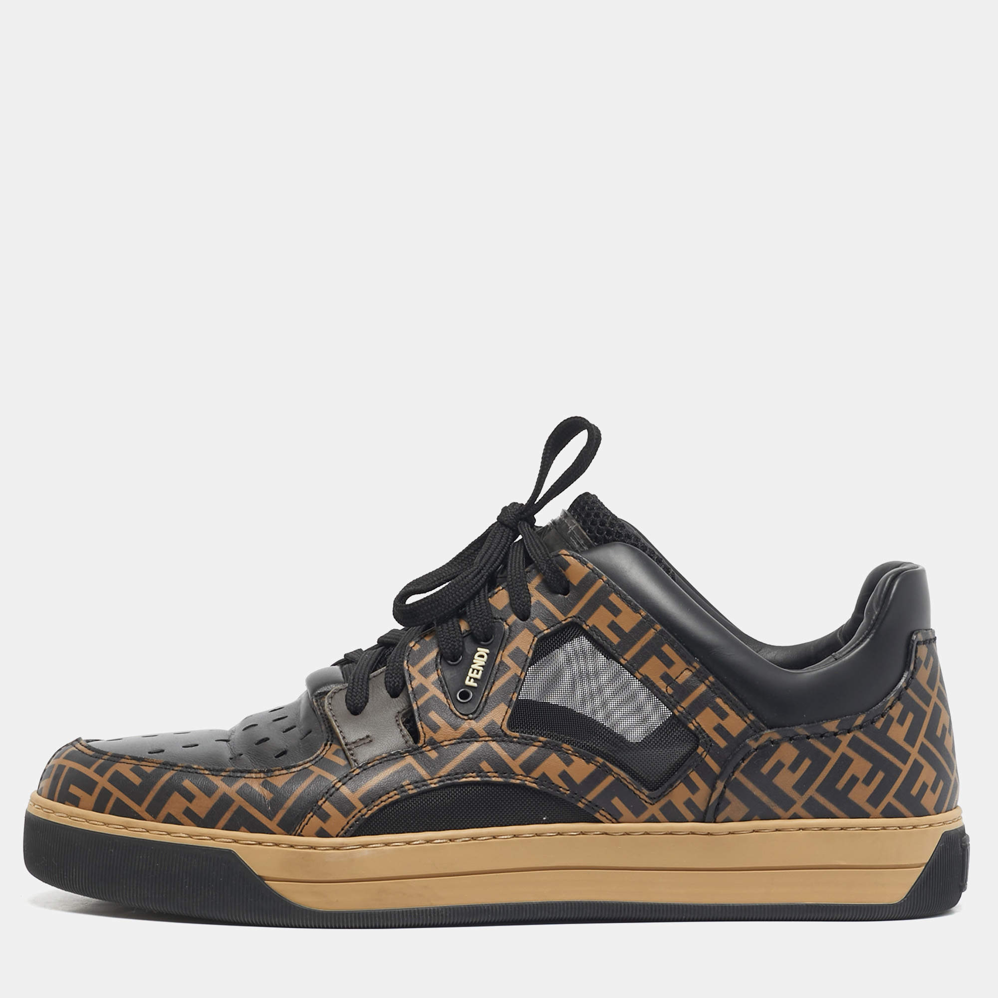 Pre Owned Fendi Black/Brown FF Leather and Mesh Lace Up Sneakers Size 41